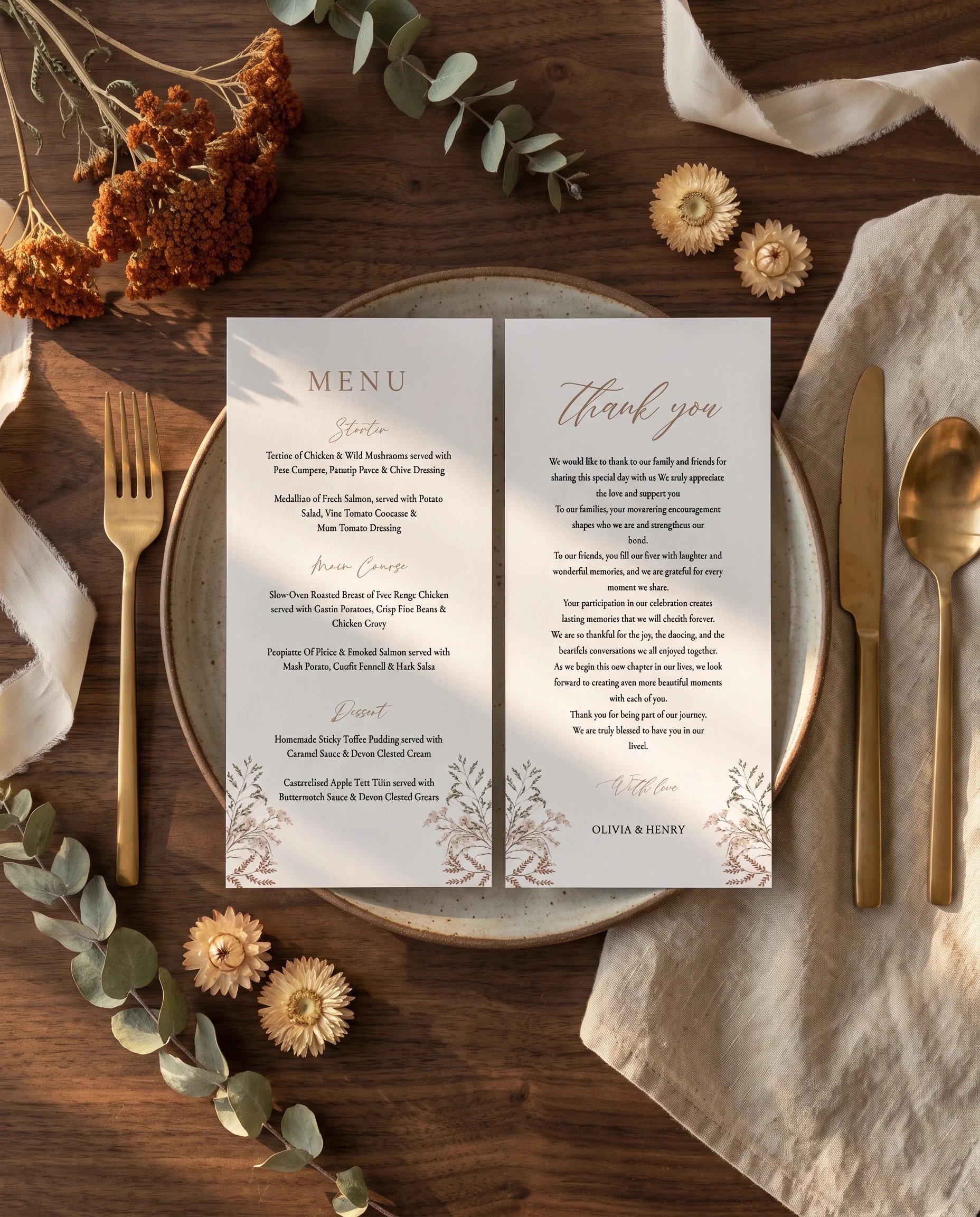 Bramble Court wedding menu — two pages displayed on a plate at an elegant place setting, wedding menu cards.