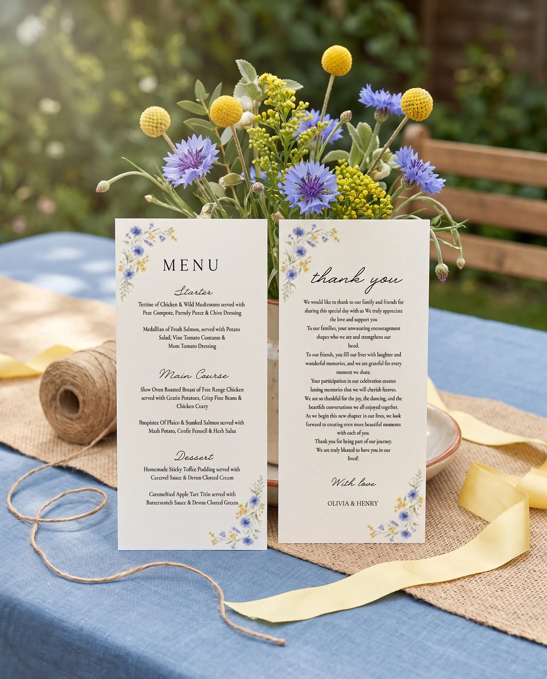 Cornflower wedding menu — menu and thank you card standing upright on a reception table under soft natural light, wedding menu template.