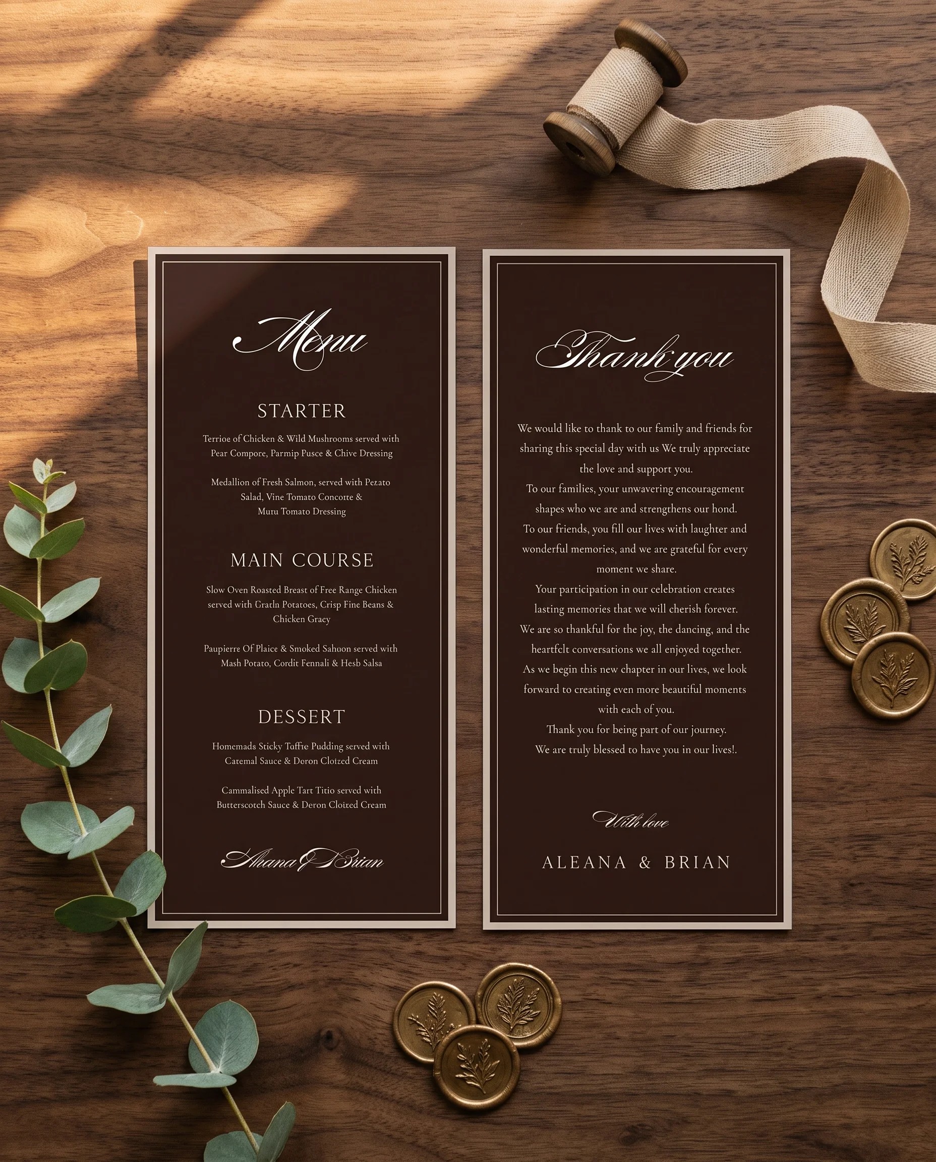 Velour wedding menu — two-page menu shown flat under soft natural light with a slight overhead angle, wedding menu