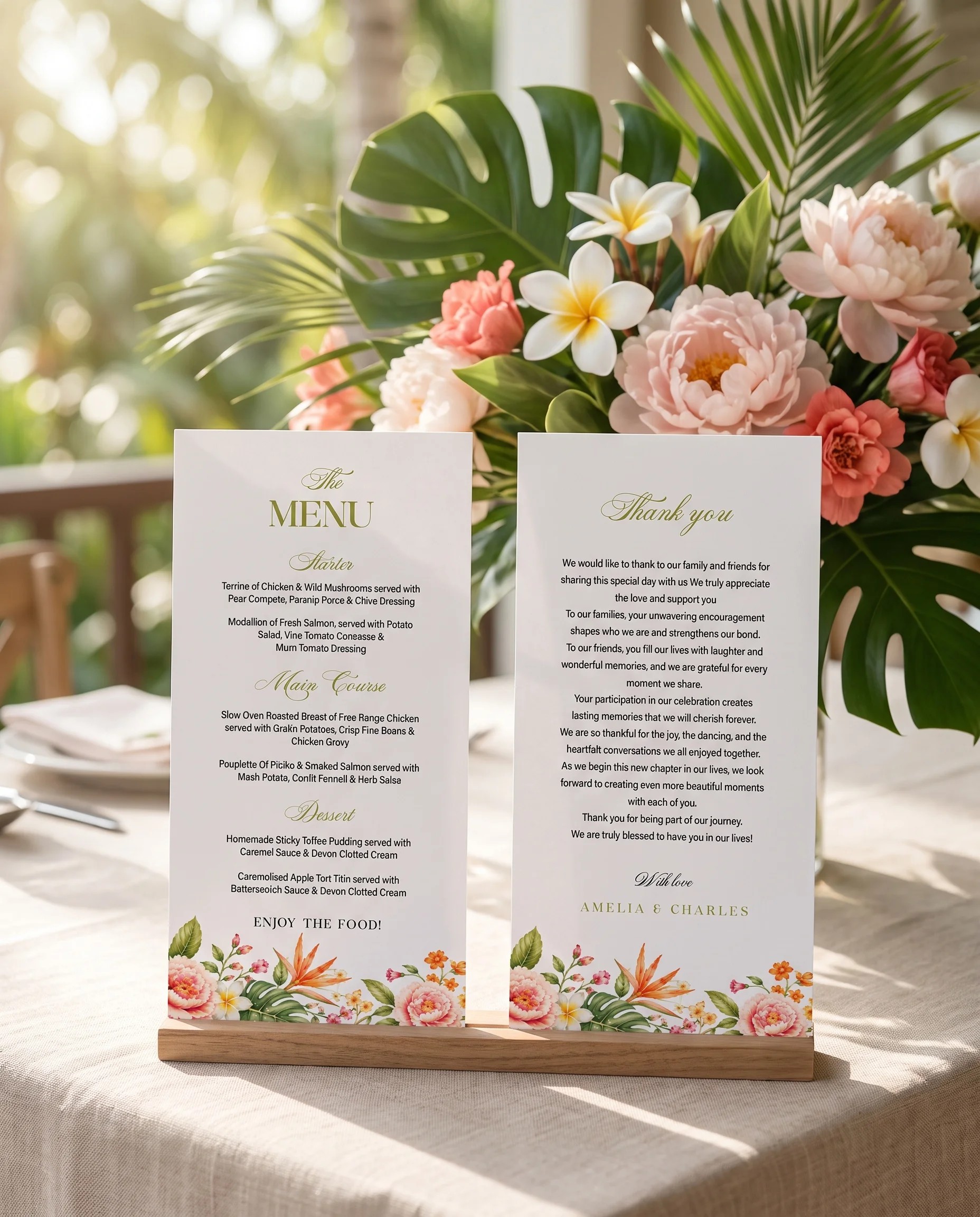 Plumeria Peony wedding menu — two menu pages standing upright on a reception table under soft overhead light, wedding menu template.