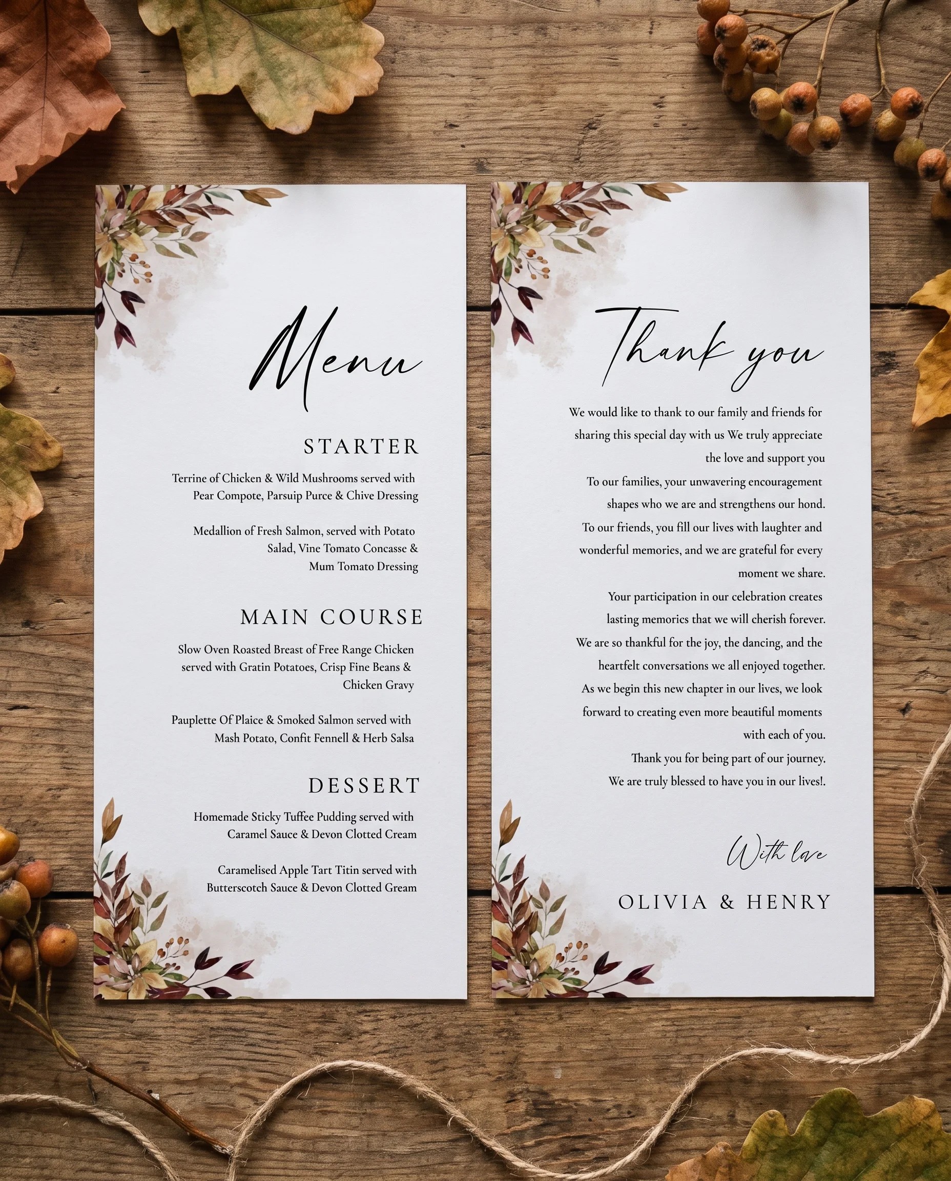 Autumn Bough wedding menu — two menu pages laid flat on premium paper under soft natural light, wedding menu