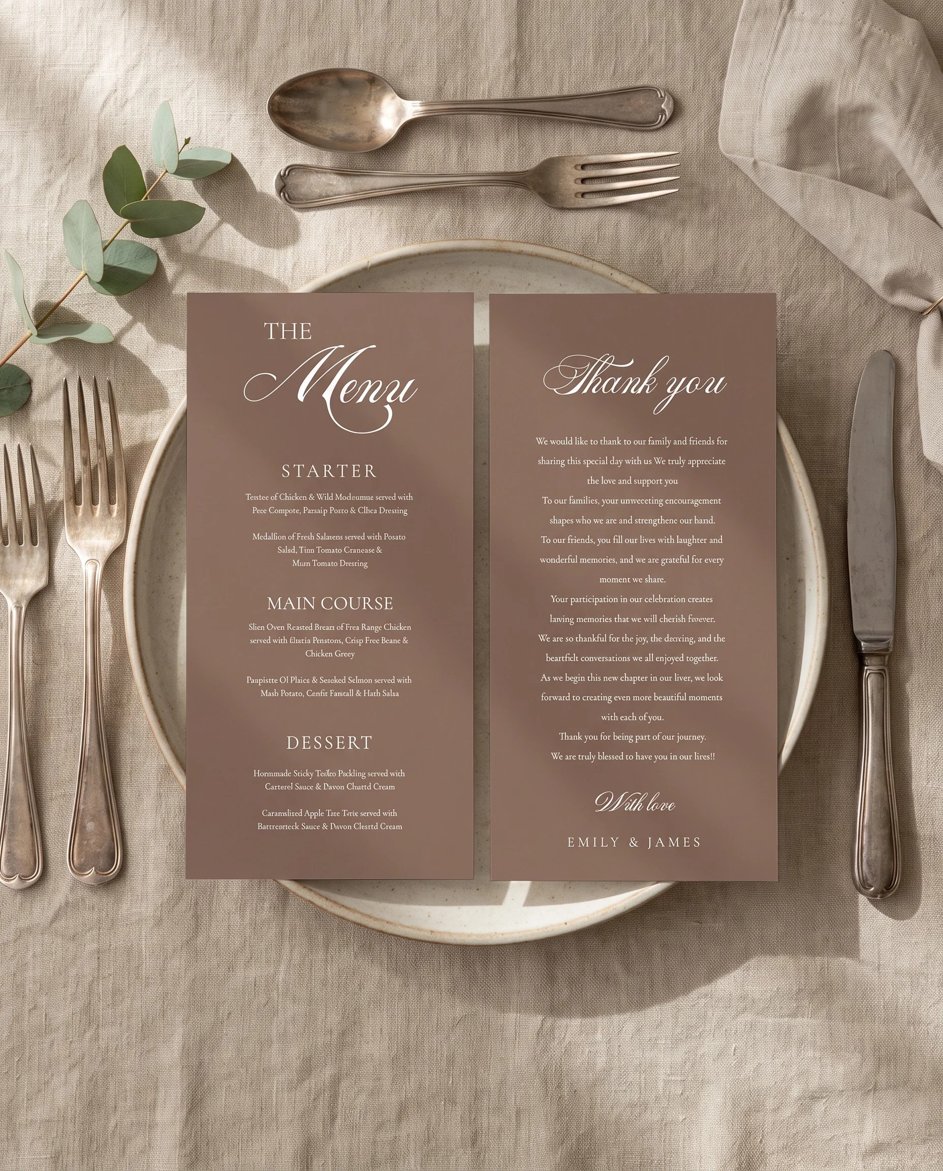 Hinge Script wedding menu — menu and thank you card displayed on a plate at a set place setting, wedding menu cards.