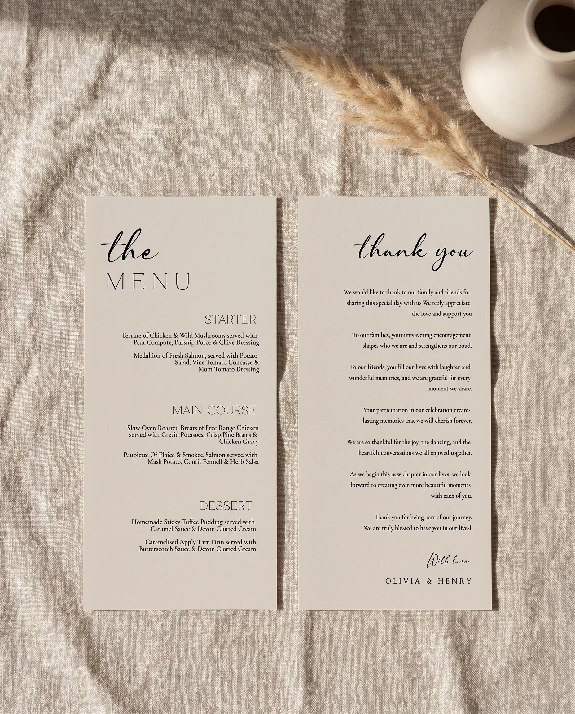 Tassel Arc wedding menu — two menu pages shown flat under soft overhead light on premium editorial paper, wedding menu.
