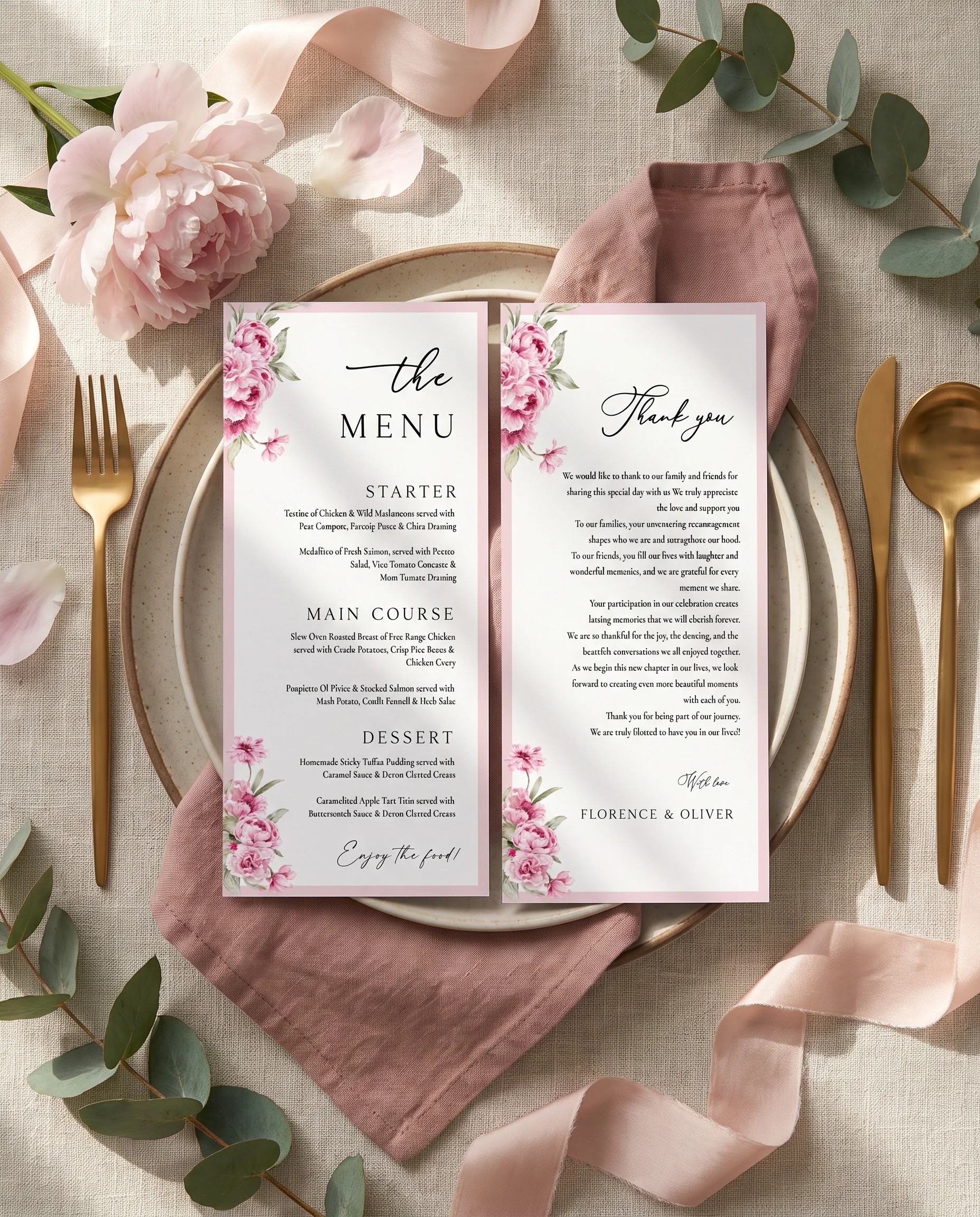 Blush Peony wedding menu — menu and thank you card resting on a plate at a set place setting, wedding menu cards.