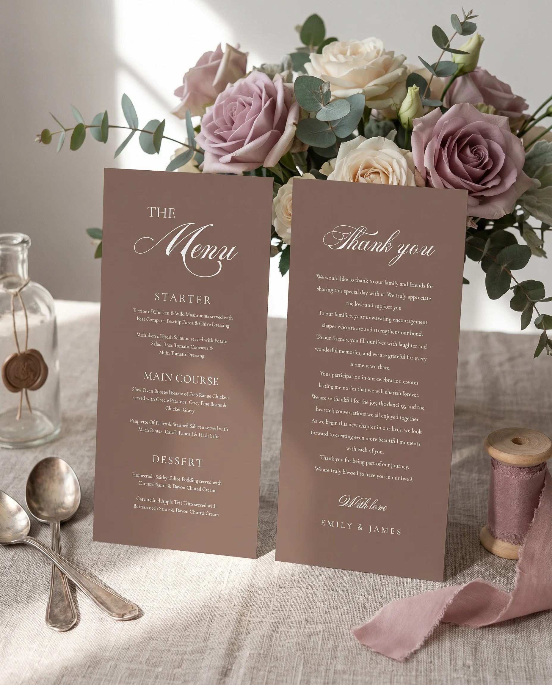 Hinge Script wedding menu — two pages standing upright on a reception table under soft natural light, wedding menu template.