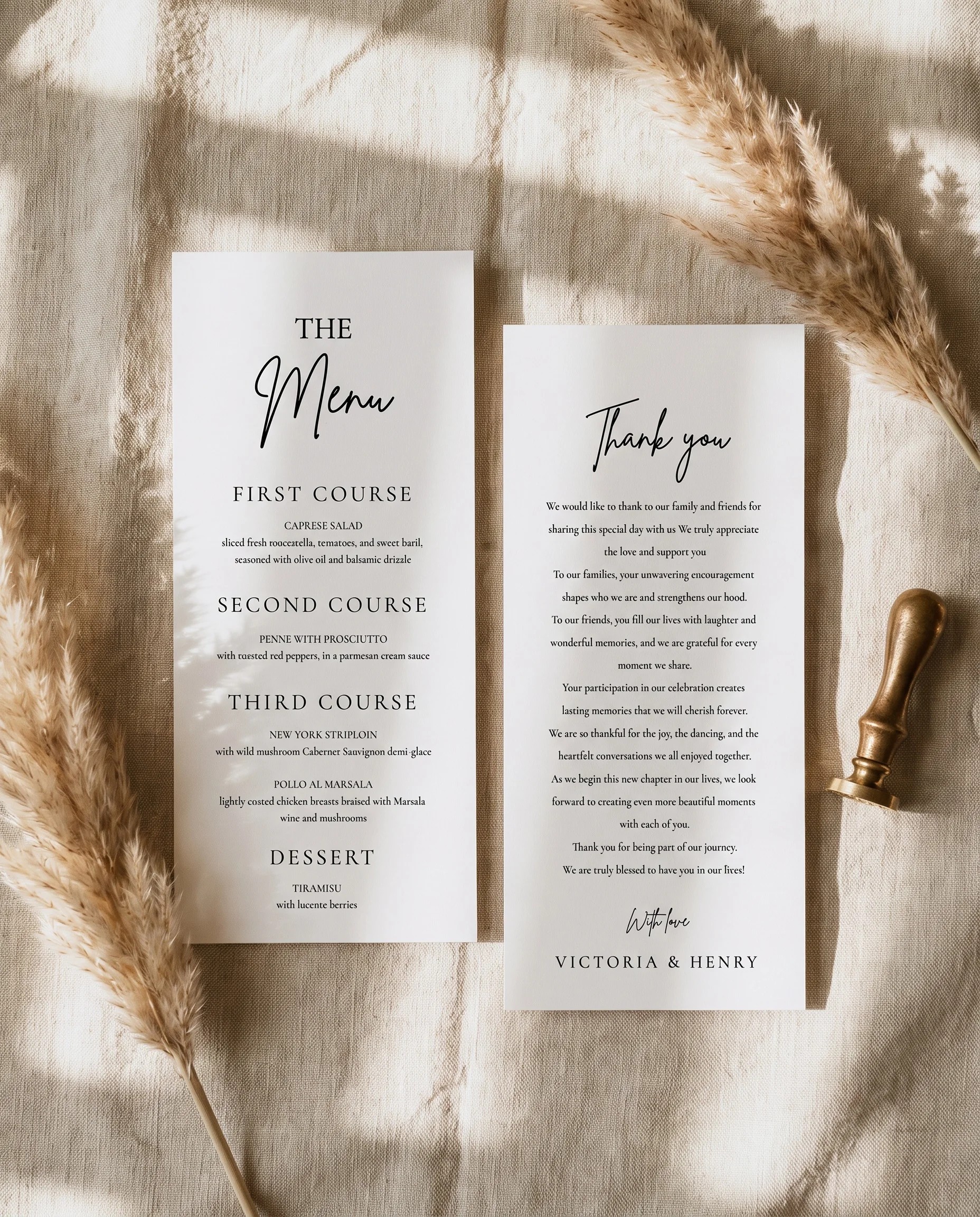 Arrowcrest wedding menu — two pages arranged flat under soft natural light with a slight overhead angle, wedding menu