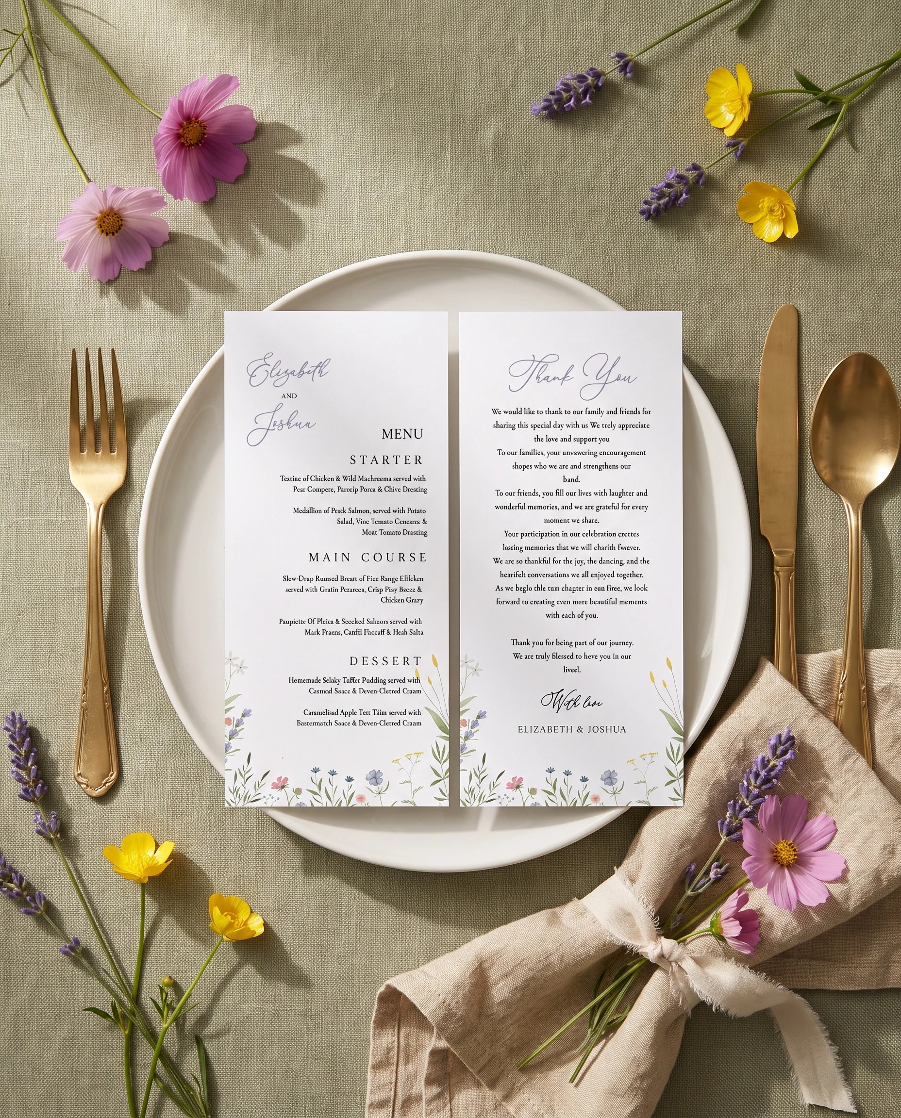 Floret Veil wedding menu — menu and thank you card on a plate at a place setting in soft light, wedding menu cards.