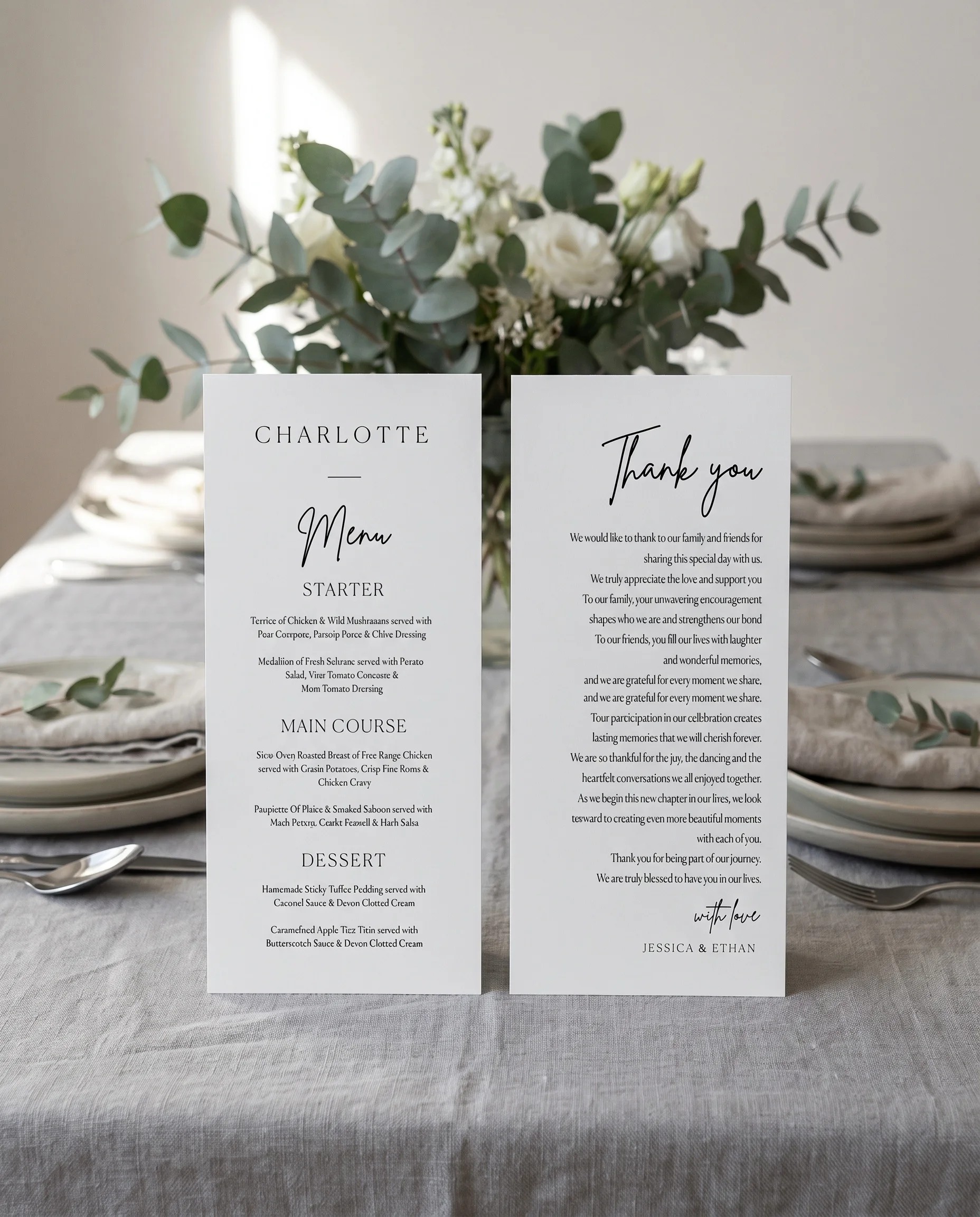 Contour wedding menu — two menu cards standing upright on a reception table in soft natural light, wedding menu template.