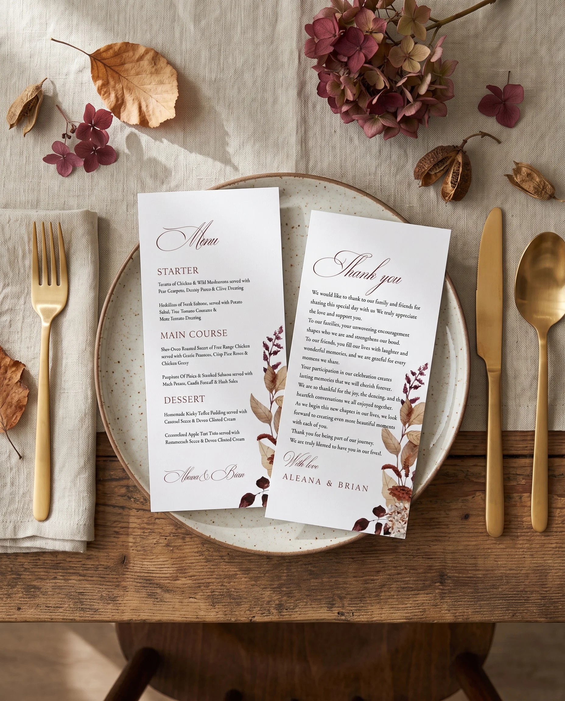 Bramble Row wedding menu — menu and thank you card on a plate at a place setting, soft light, wedding menu cards.