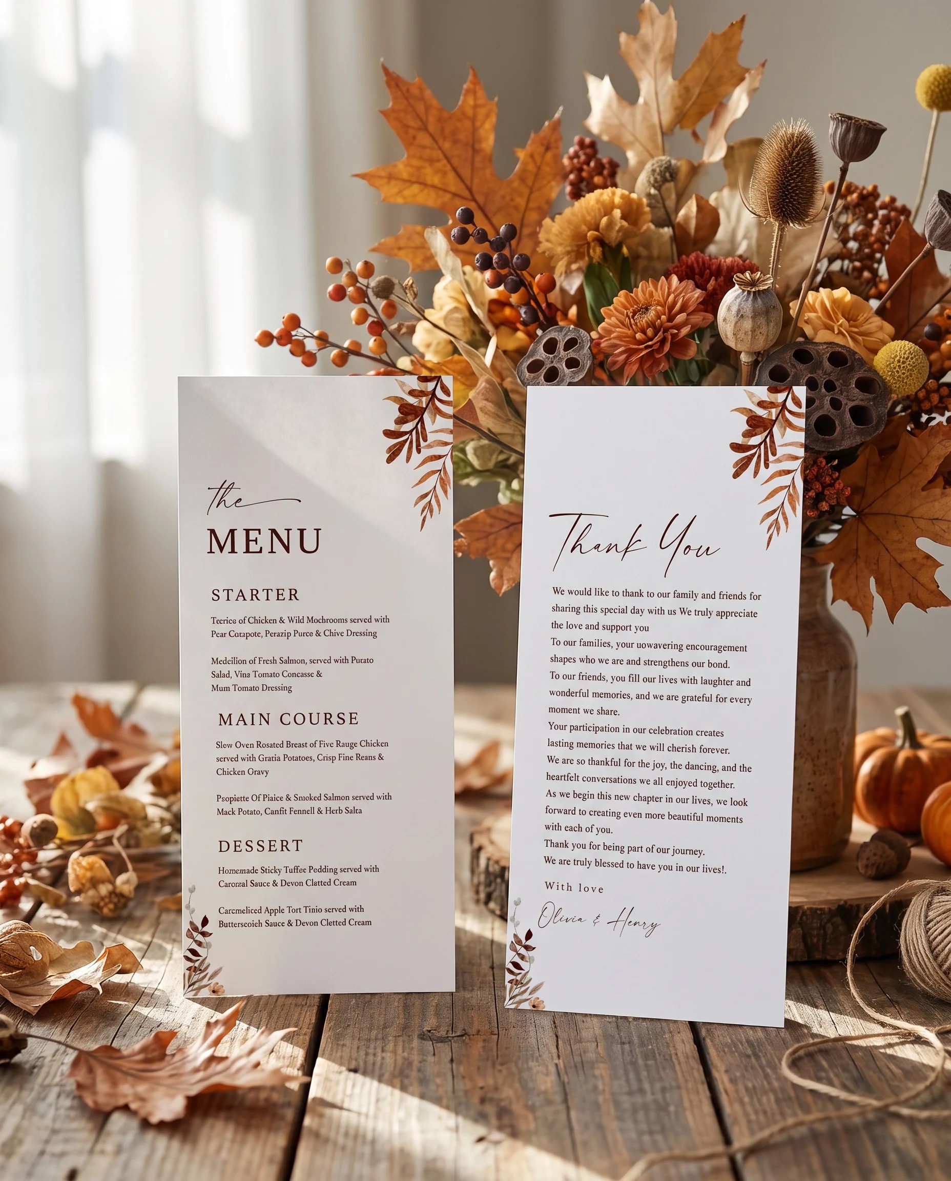 Autumn Bower wedding menu — two menu pages standing upright on a reception table under soft natural light, wedding menu template