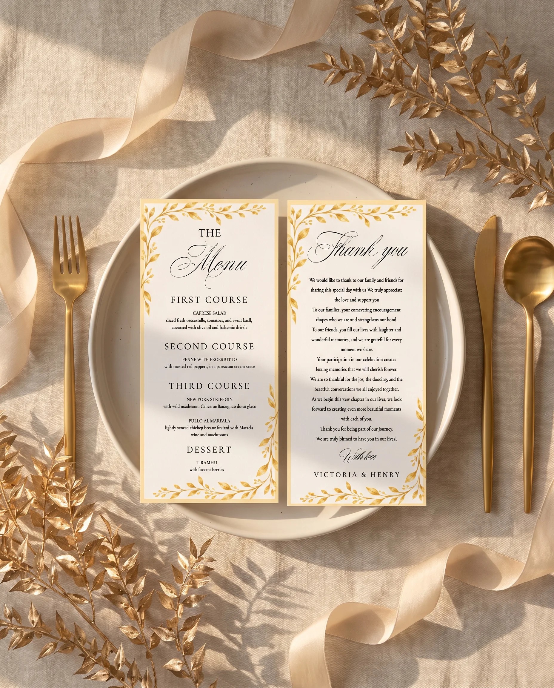 Gilded Bough wedding menu — menu and thank you card displayed on a plate at a set place setting, wedding menu cards.