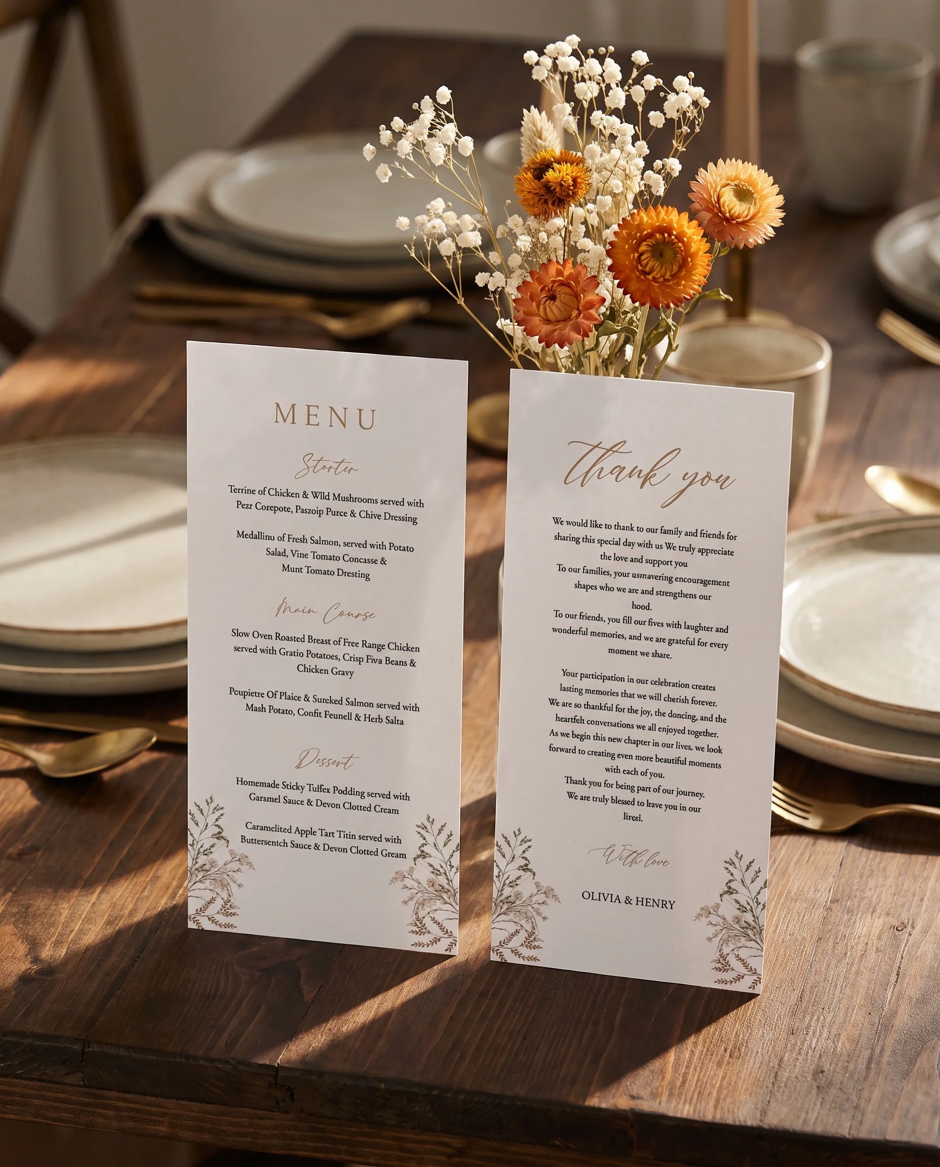 Bramble Court wedding menu — menu standing upright on a reception table under soft natural light, wedding menu template