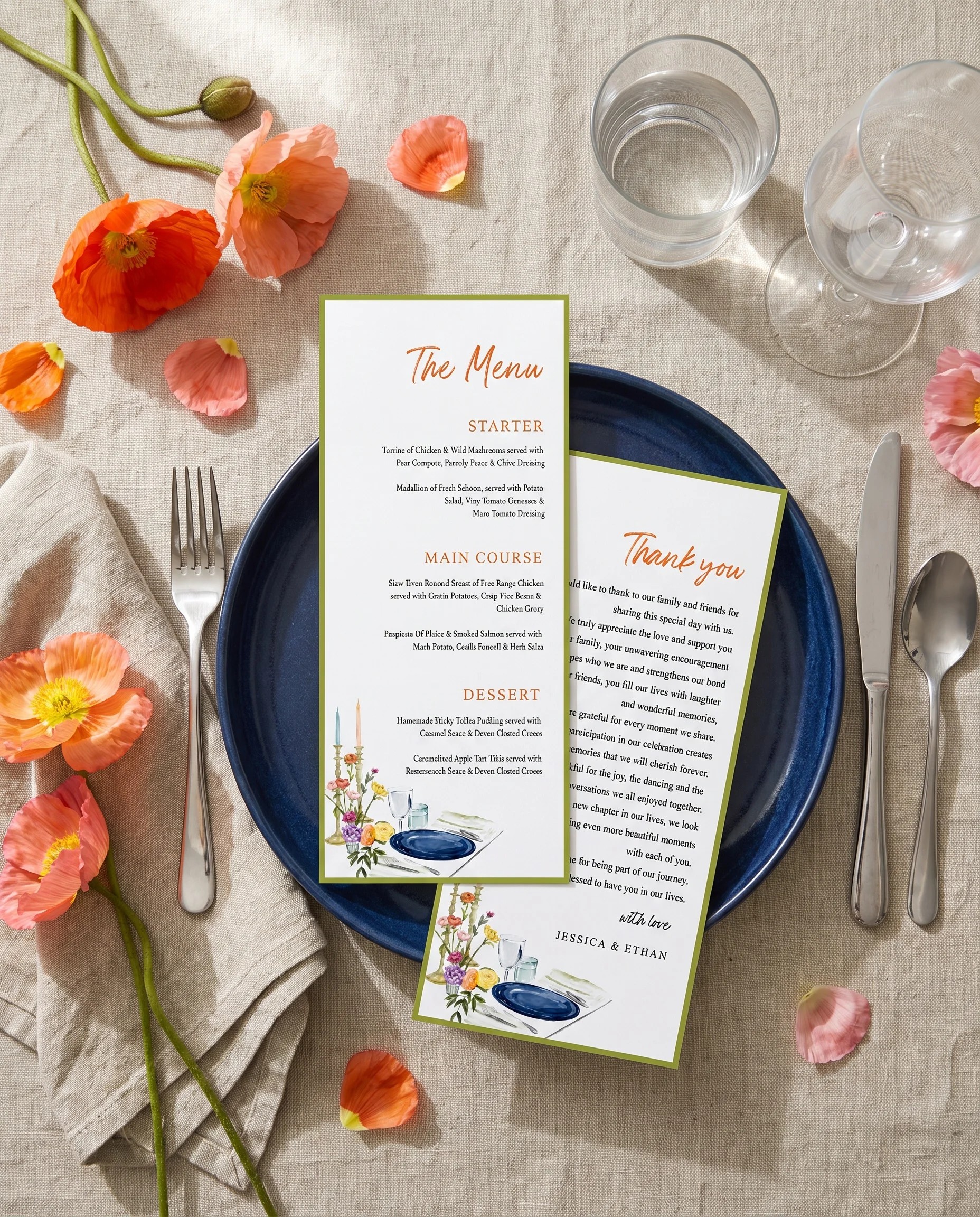 Poppy Court wedding menu — menu and thank you card displayed on a plate at a set place setting, wedding menu cards.