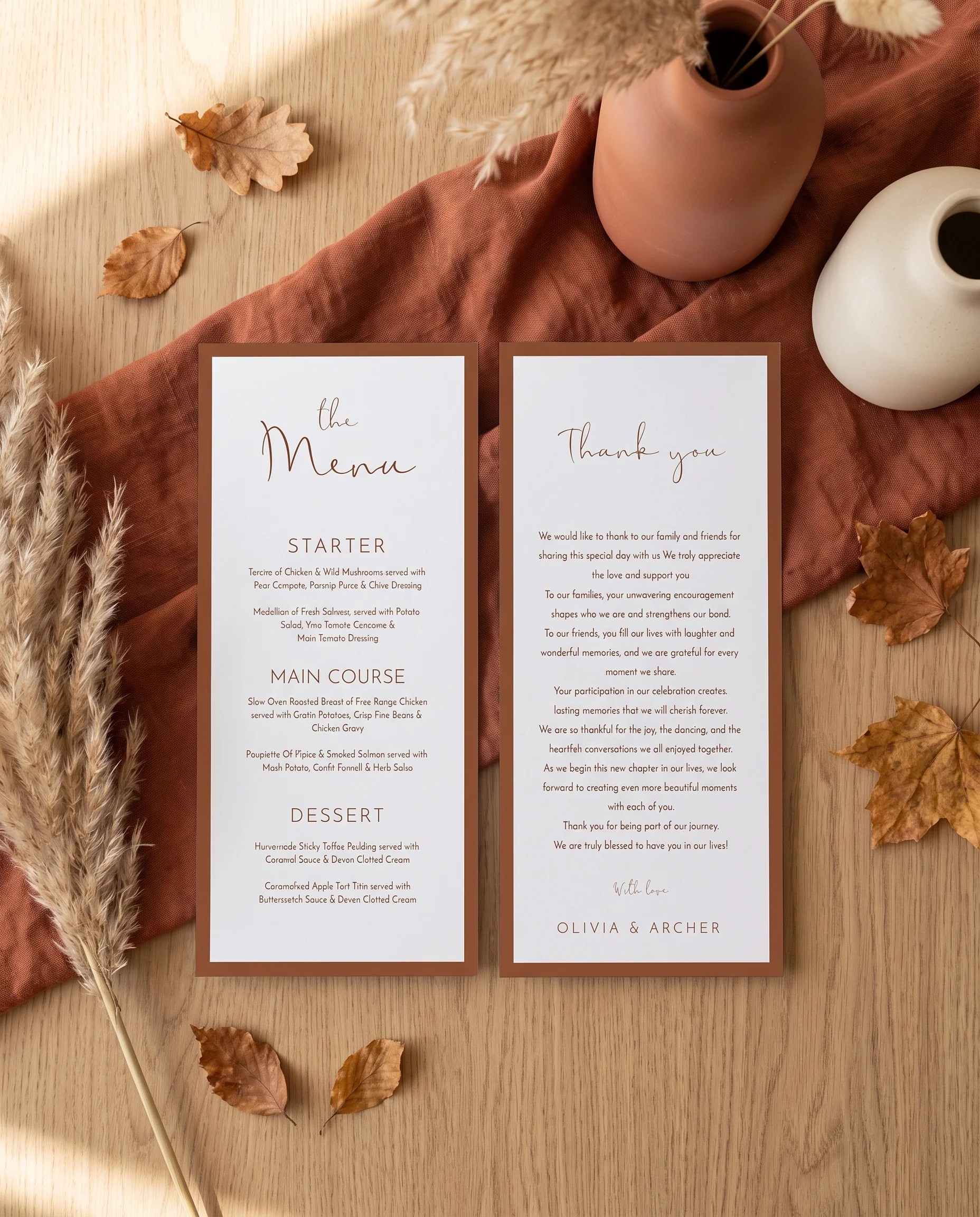 Stevens wedding menu — two menu pages shown flat under soft natural light at a slight overhead angle, wedding menu.