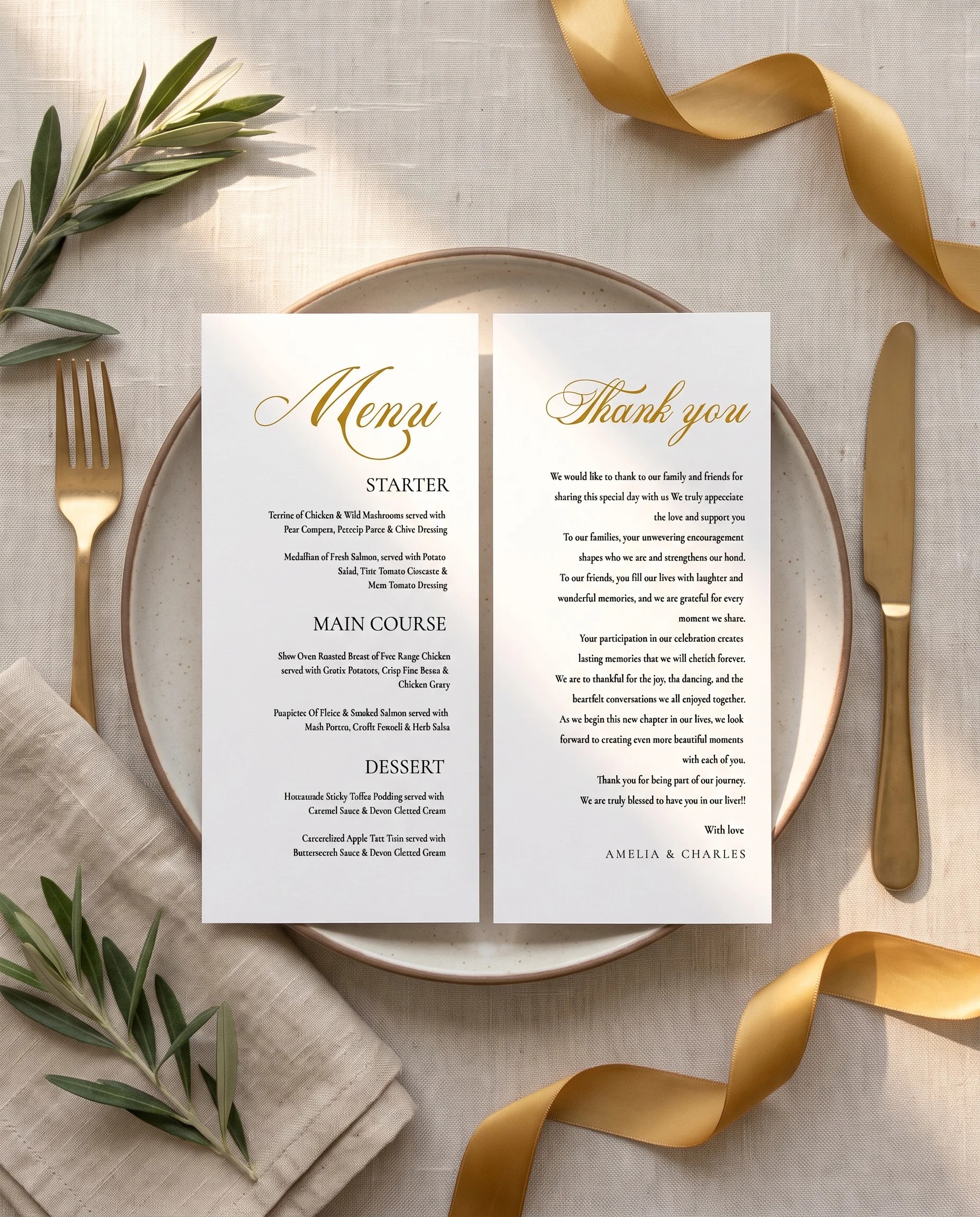 Gilded Arrow wedding menu — displayed on a plate at a set place setting under soft natural light, wedding menu cards.
