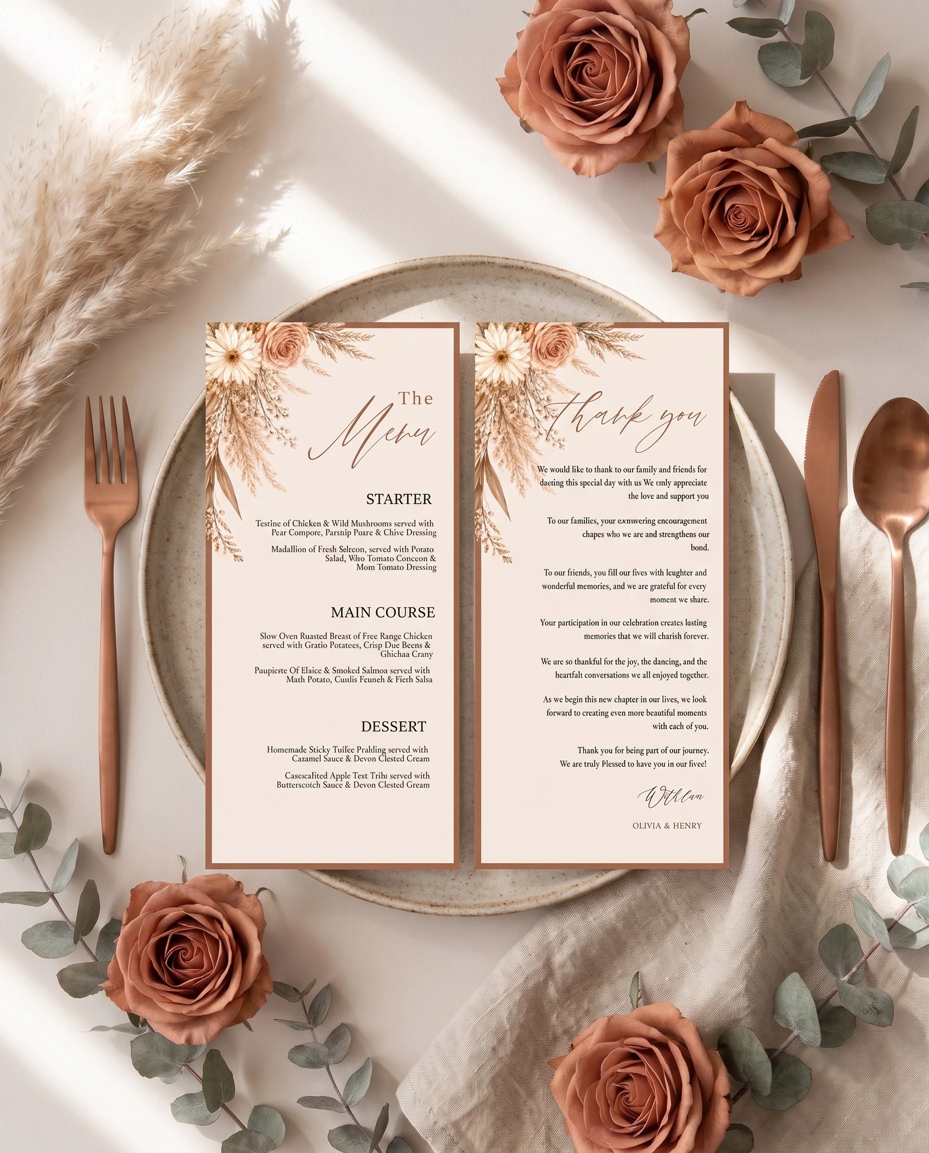 Pampas Hush wedding menu — menu and thank you card displayed on a plate at a set place setting, wedding menu cards.