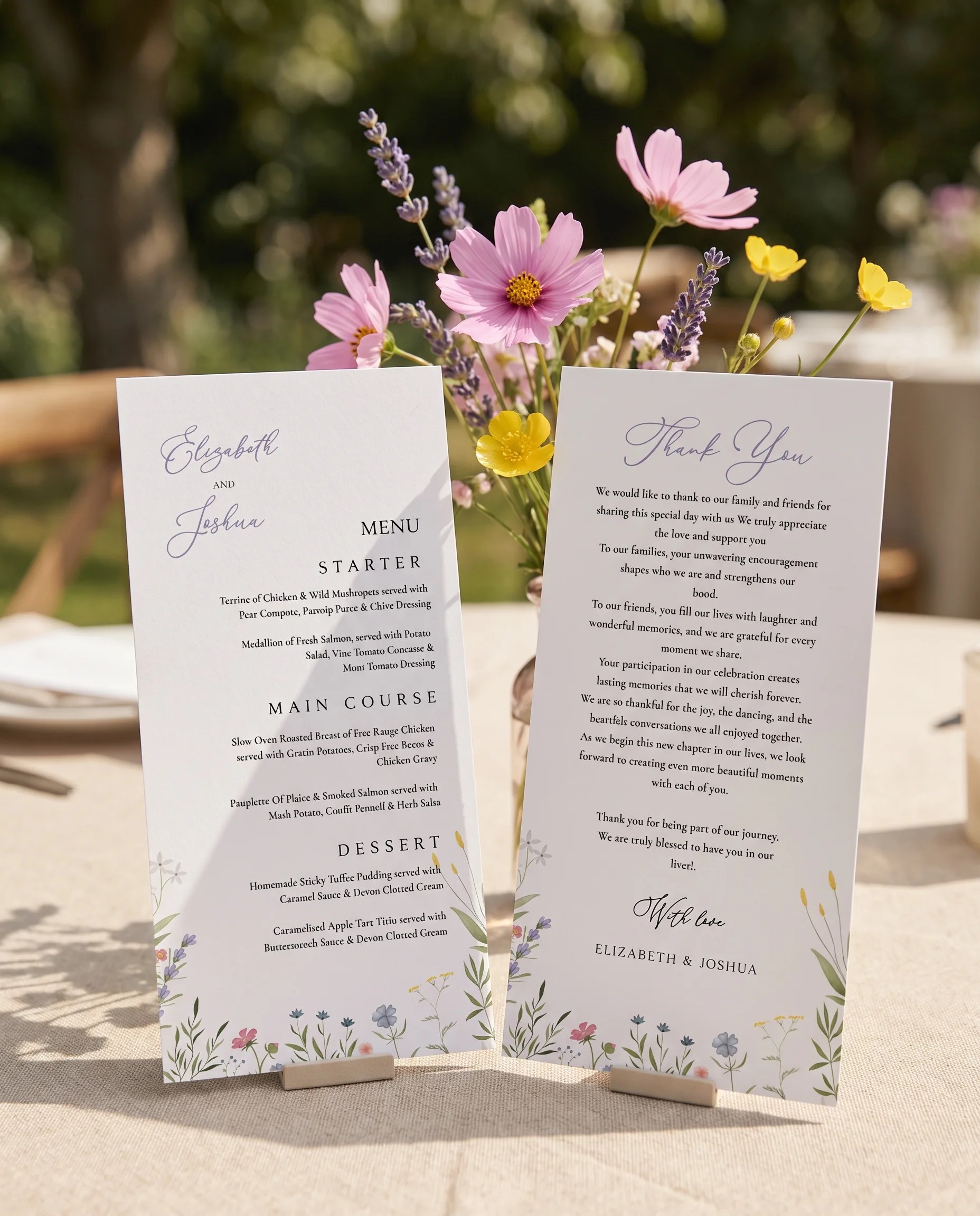 Floret Veil wedding menu — menu and thank you card standing upright on a reception table under soft natural light, wedding menu template.