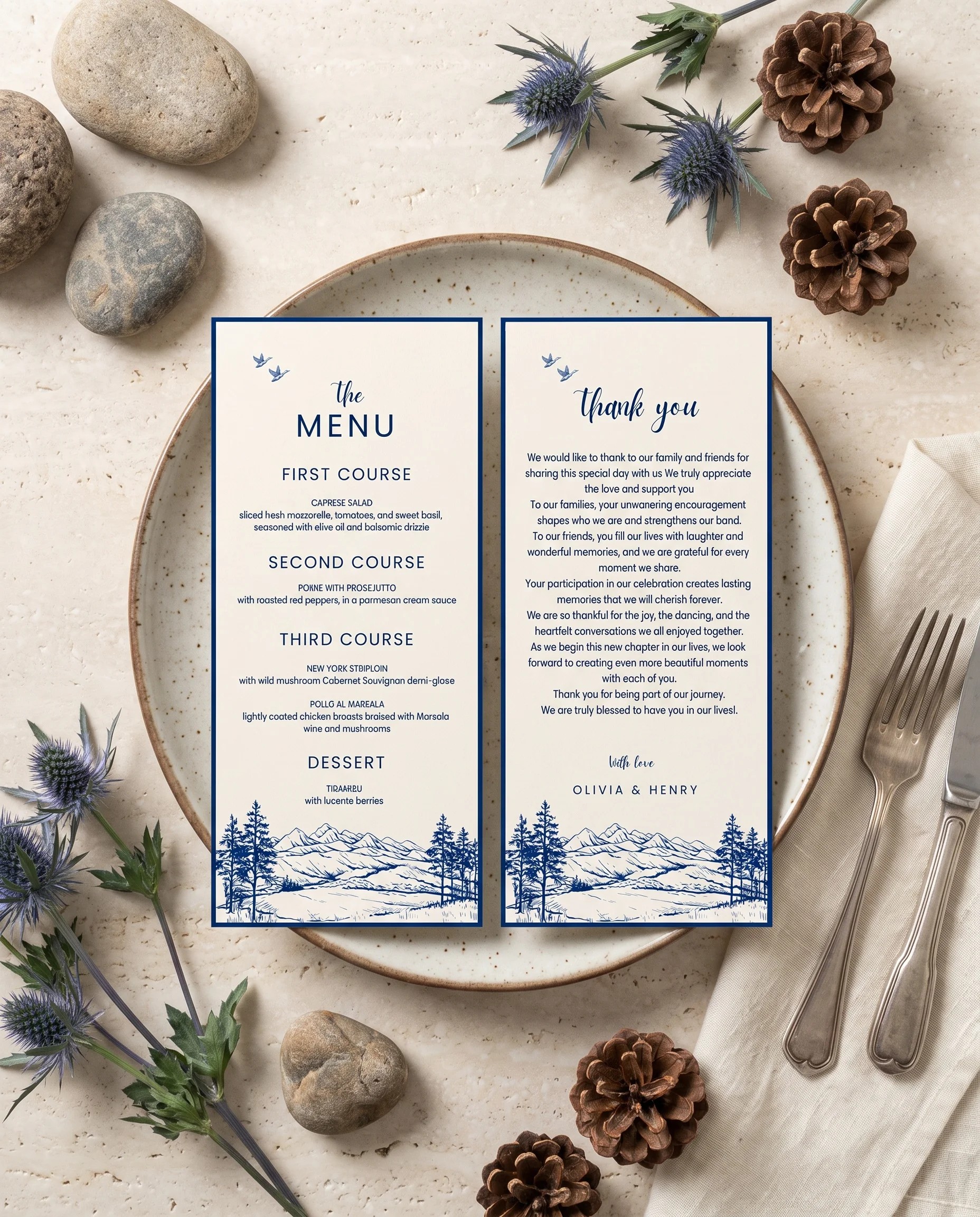 Blue Range wedding menu — menu and thank you card displayed on a plate at a set place setting, wedding menu cards