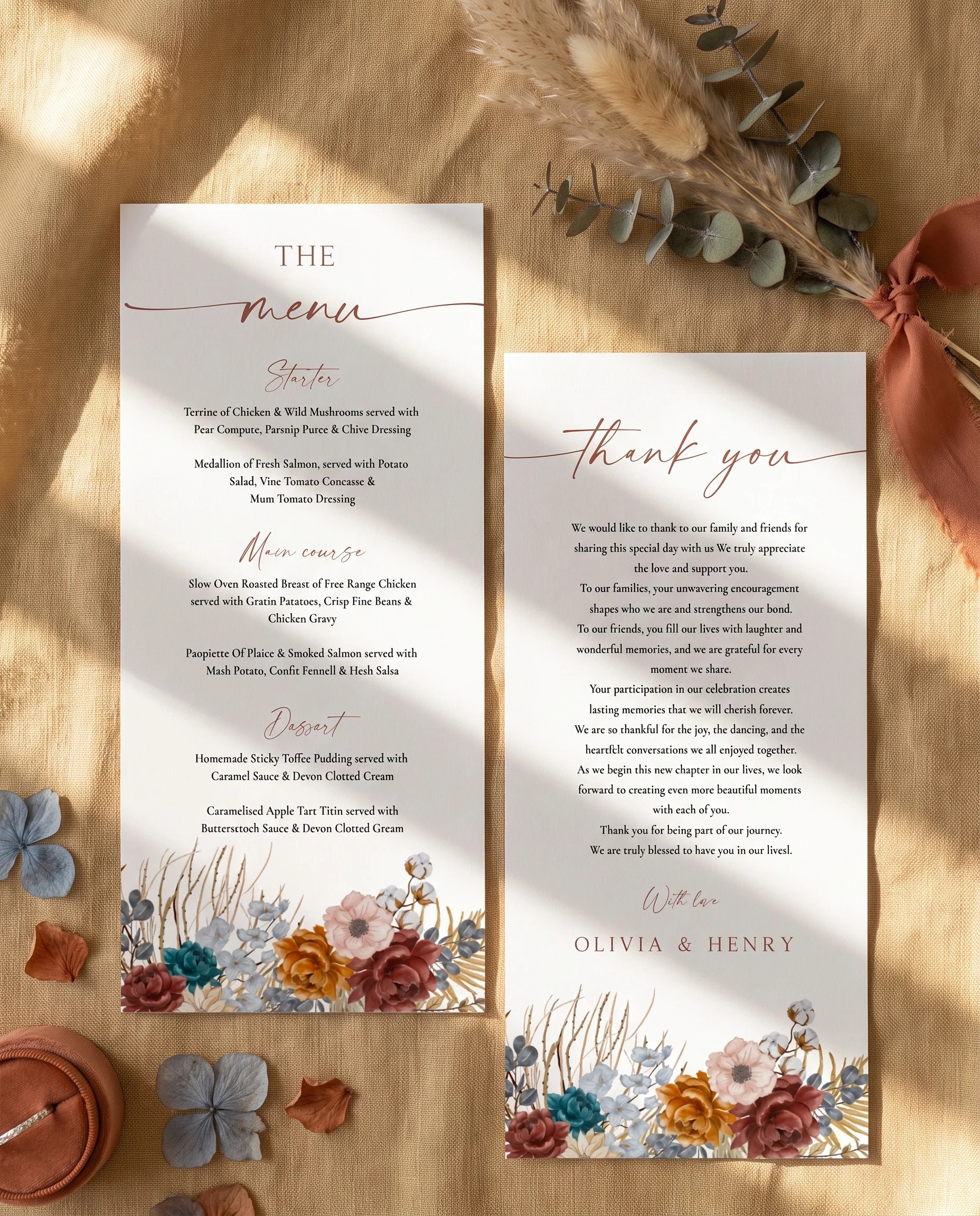 Marisol Bloom wedding menu — two menu pages shown flat under soft natural light at a slight overhead angle, wedding menu