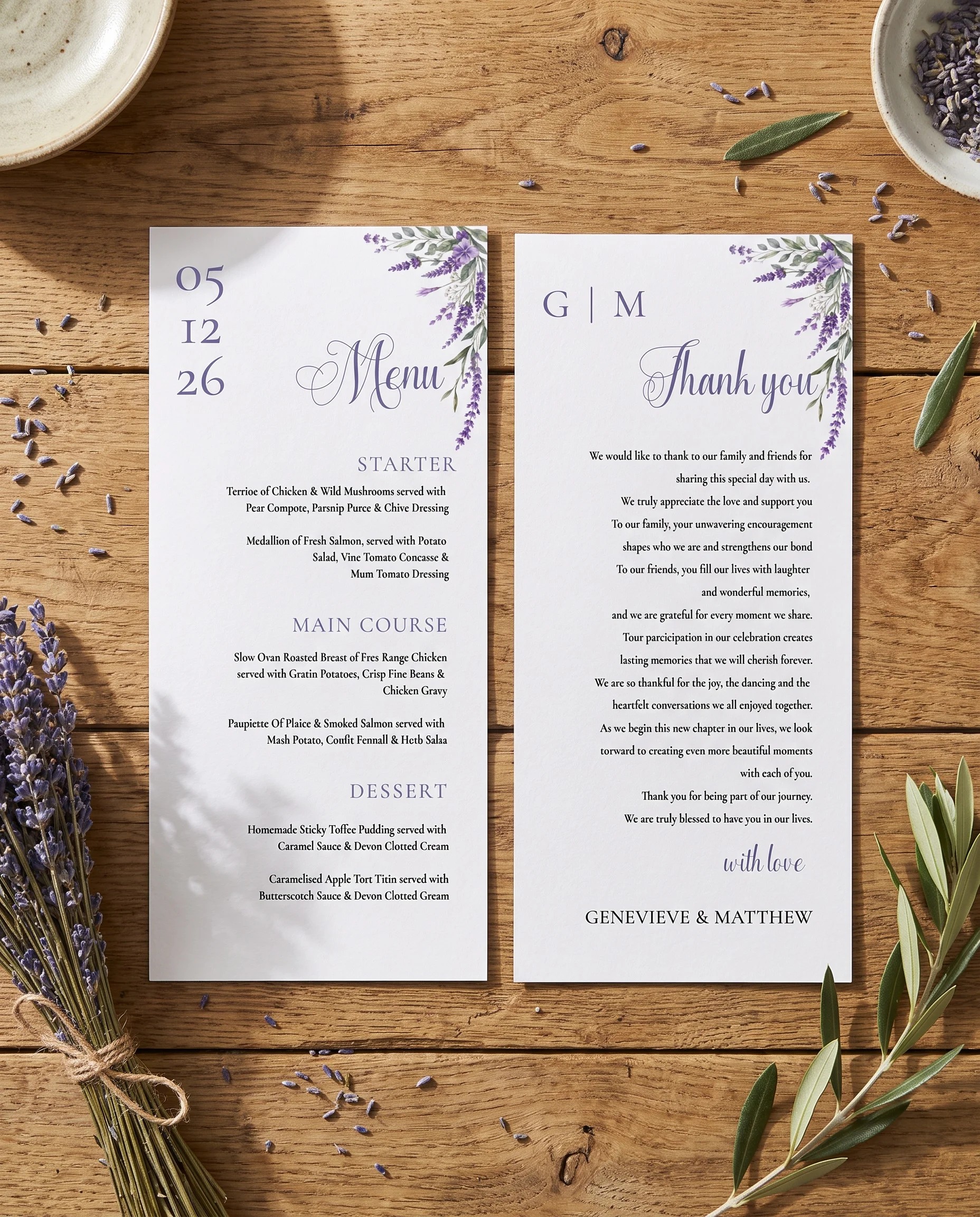 Provence Fields wedding menu — two menu pages laid flat under soft natural light with a slight overhead angle, wedding menu