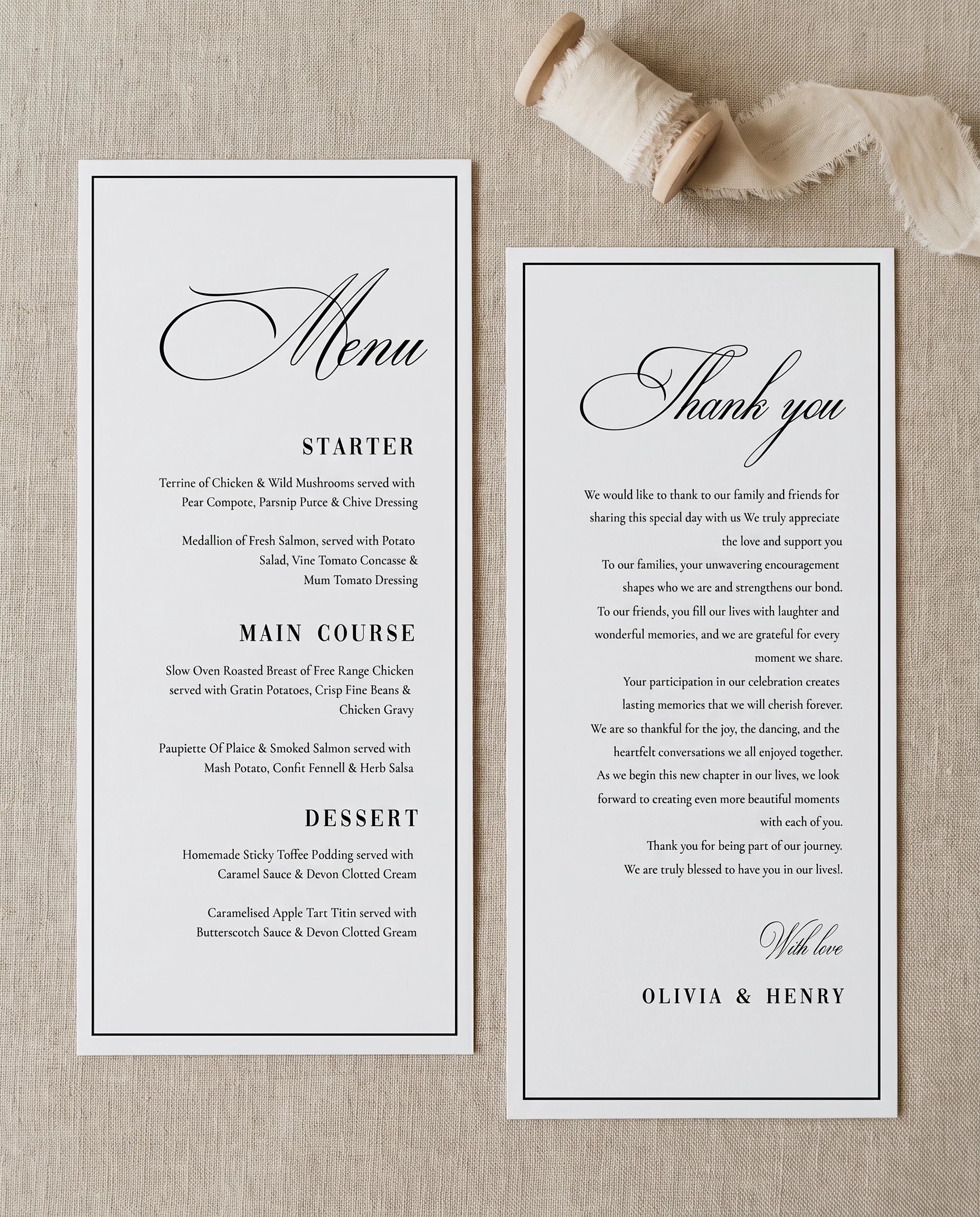 Crestline wedding menu — two pages shown flat on premium editorial paper under soft natural light, wedding menu.