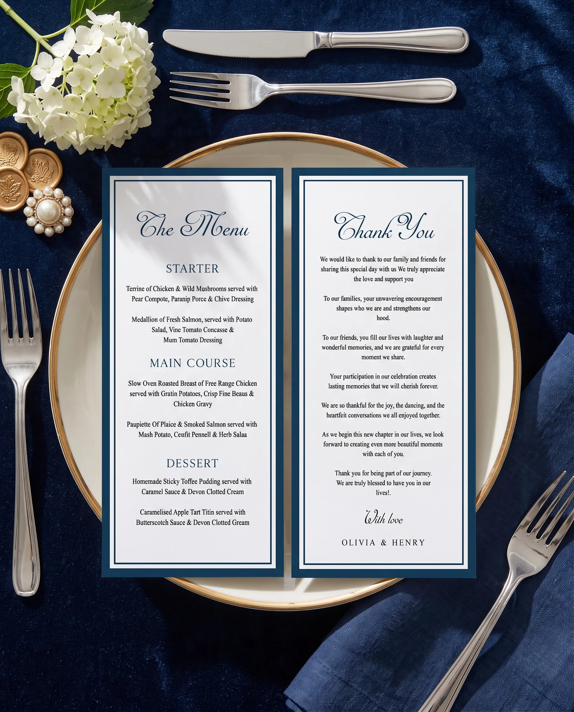 Windsor Crown wedding menu — menu and thank you card on a plate at a set place setting, wedding menu cards
