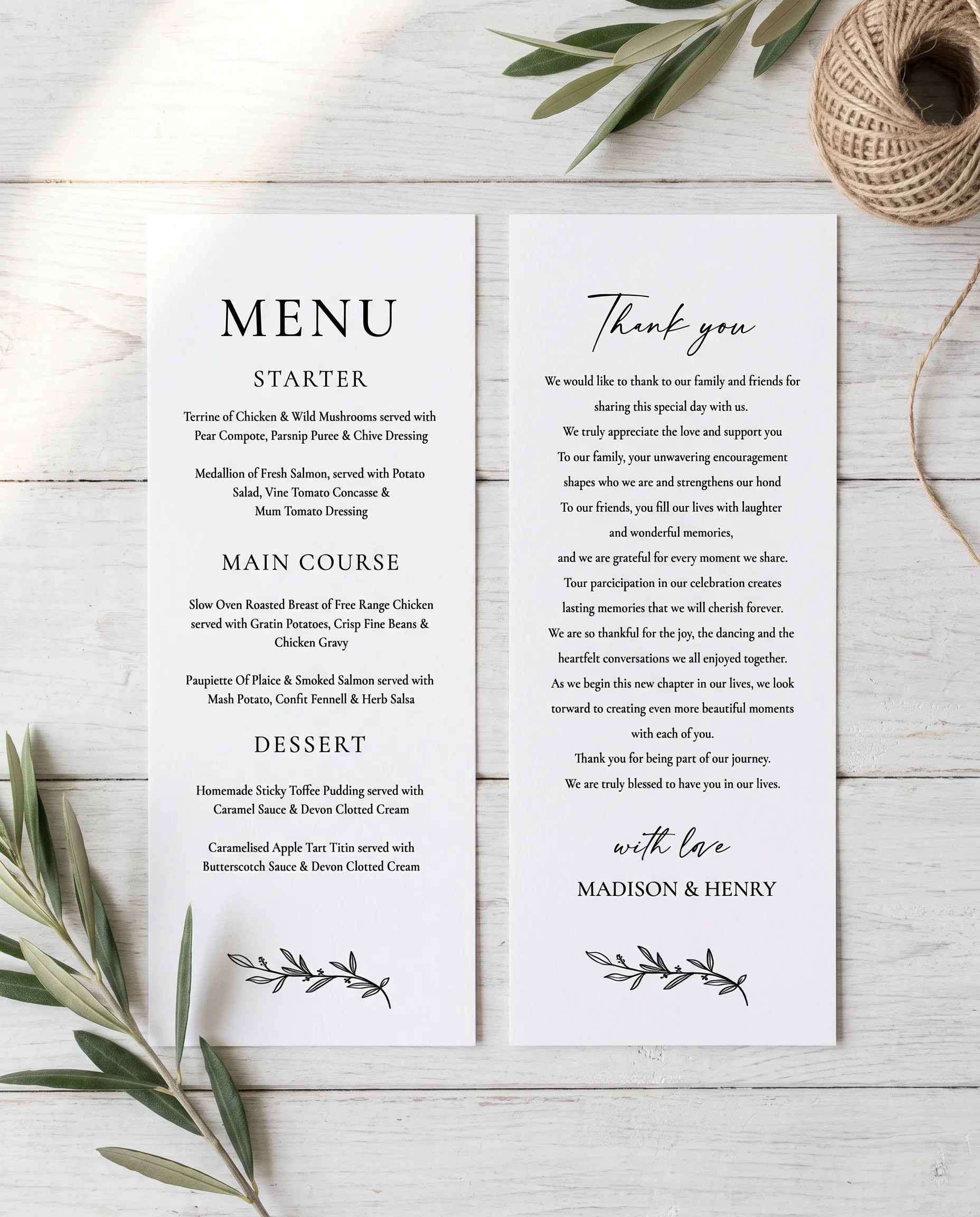 Willow Script wedding menu — two menu pages arranged flat under soft natural light with a slight overhead angle, wedding menu.