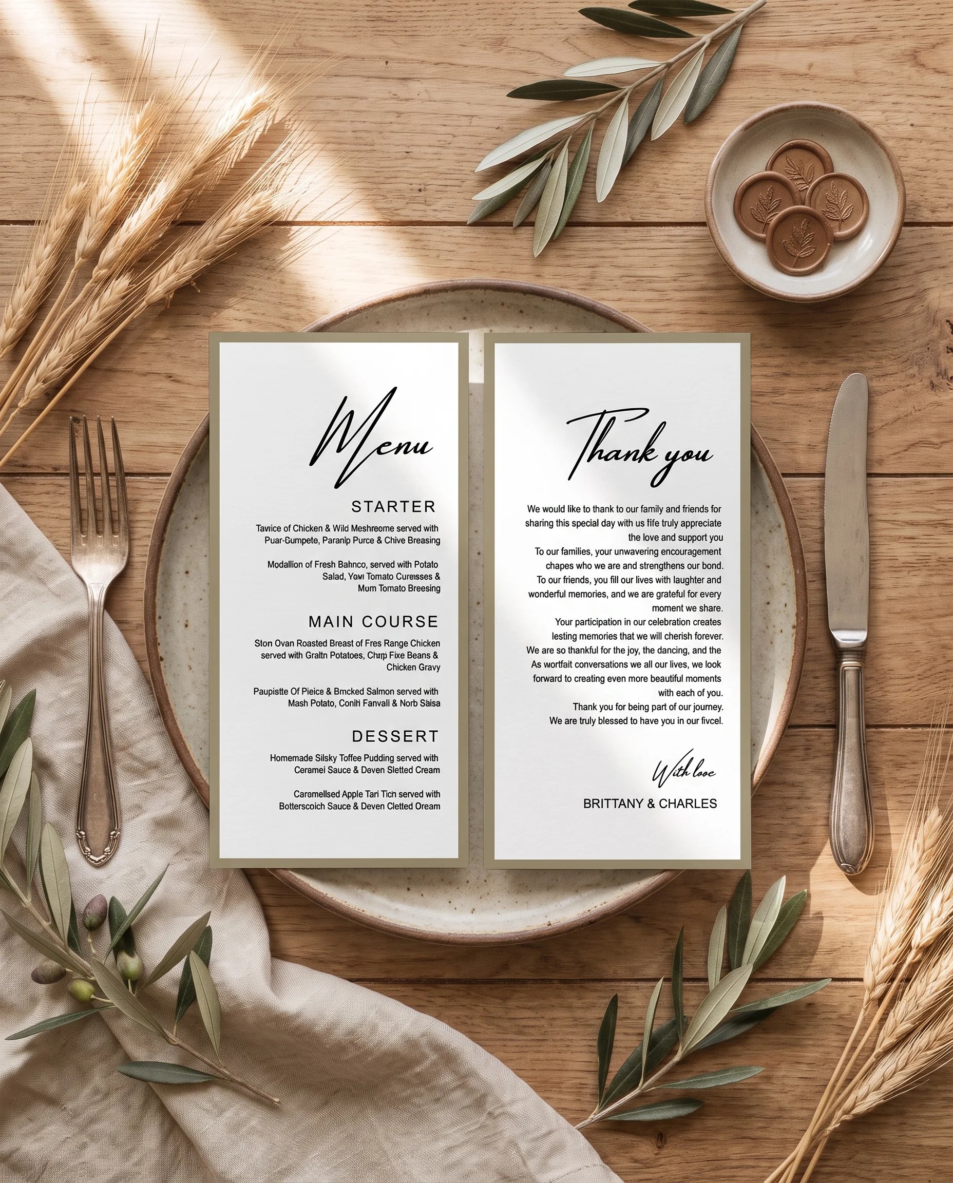 Golden Vale wedding menu — menu and thank you card displayed on a plate at an elegant set place setting, wedding menu cards