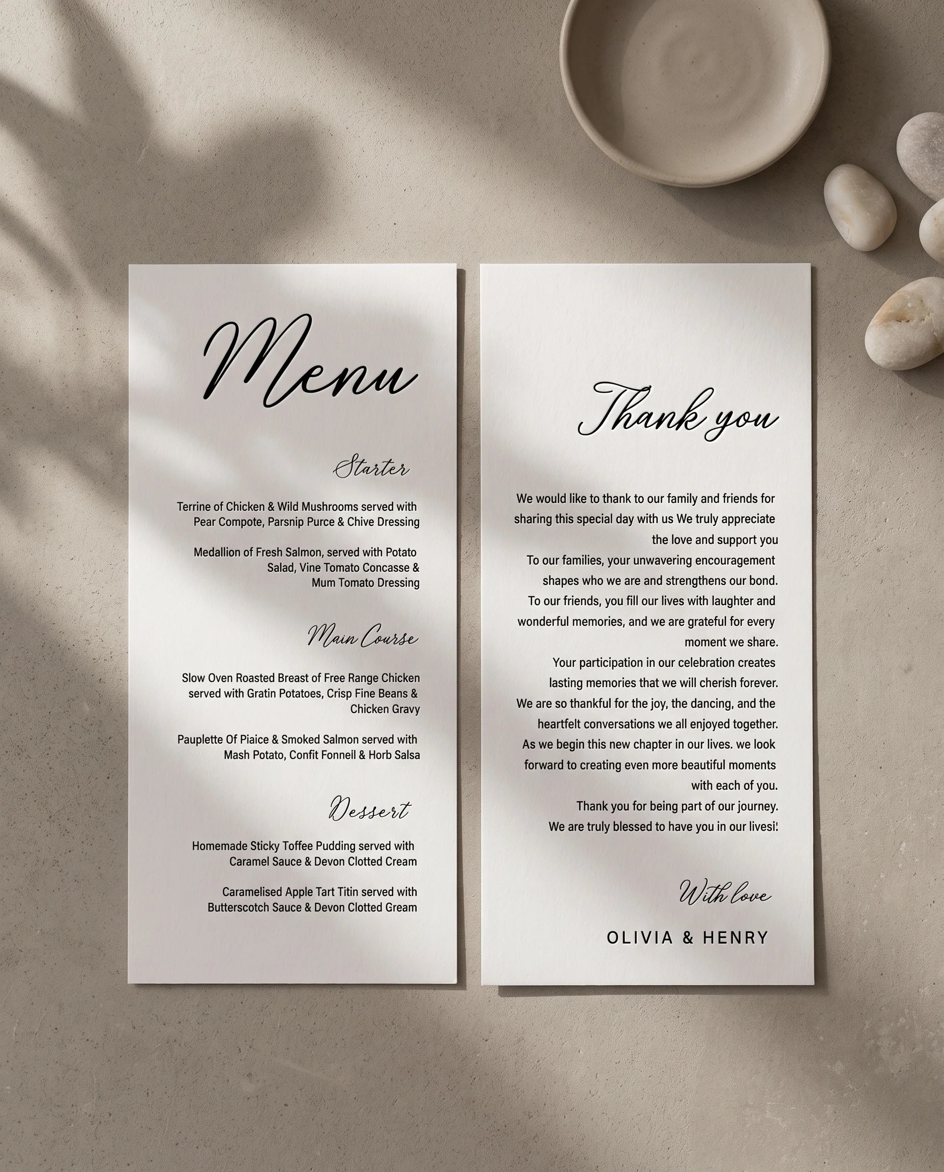 Lyris wedding menu — flat lay of the menu and thank you card under soft natural light, wedding menu.