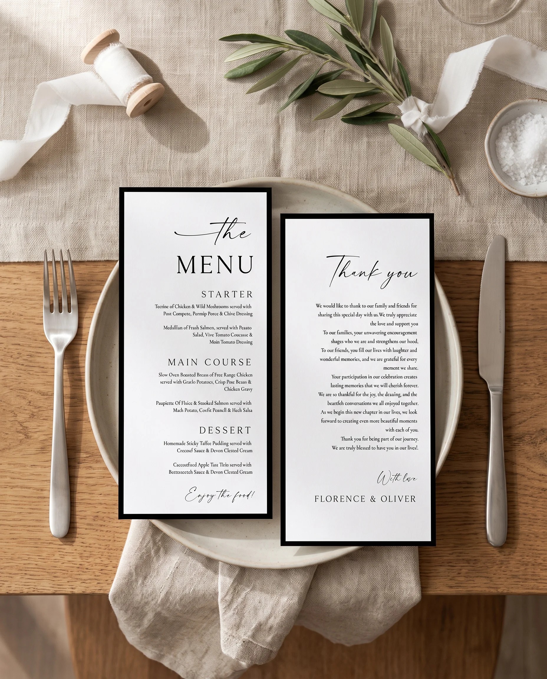 Lumen Frame wedding menu — menu and thank you card on a plate at a set place setting, wedding menu cards