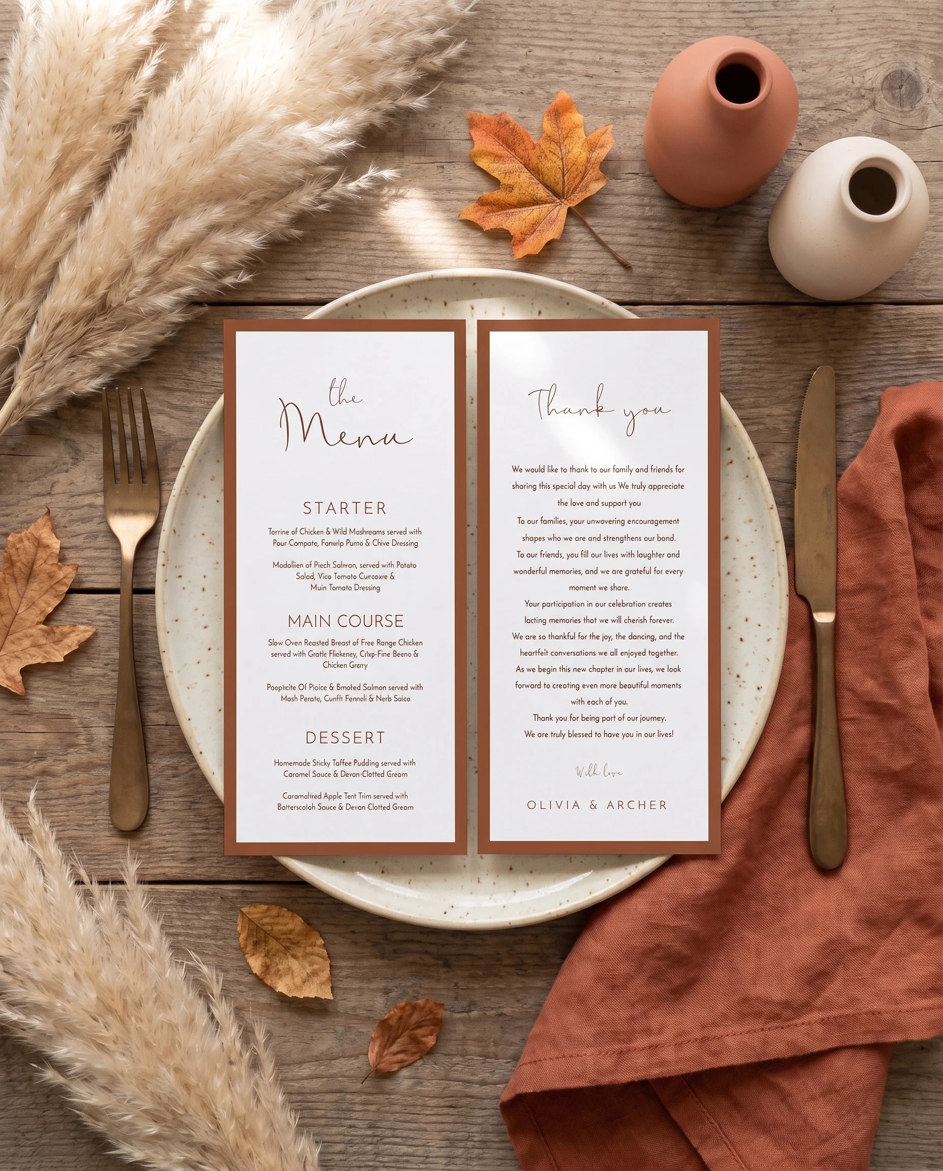 Stevens wedding menu — menu and thank you card on a plate at a place setting under soft natural light, wedding menu cards.