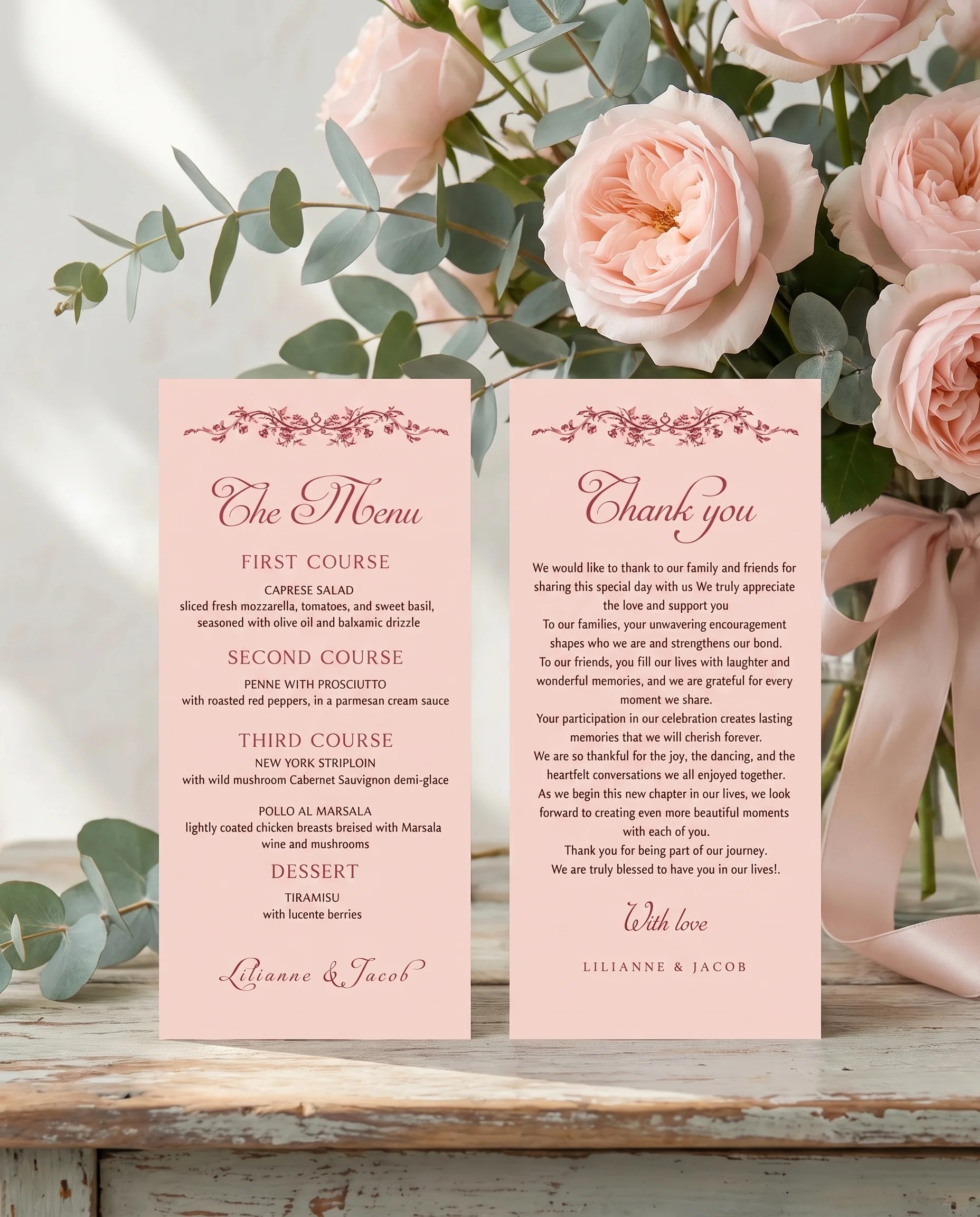 Rosewood Trellis wedding menu — menu and thank you card standing upright on a reception table under soft natural light, wedding menu template.