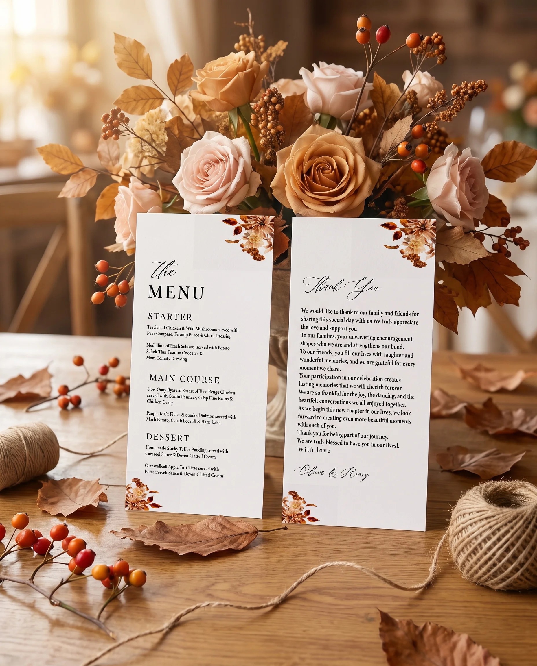 Autumn Bramble wedding menu — two cards standing upright on a reception table under soft natural light, wedding menu template.