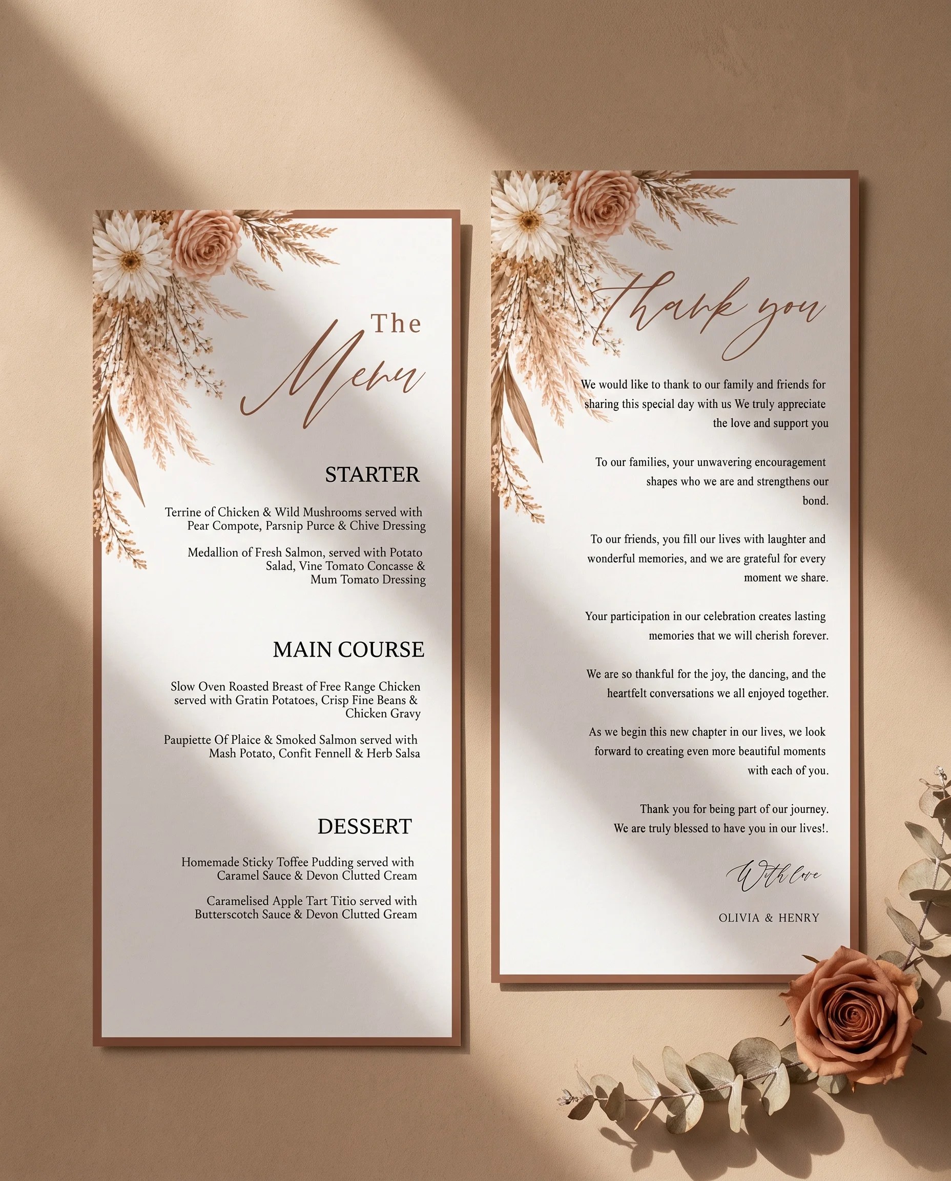 Pampas Hush wedding menu — two menu pages shown flat under soft natural light on premium editorial paper, wedding menu.