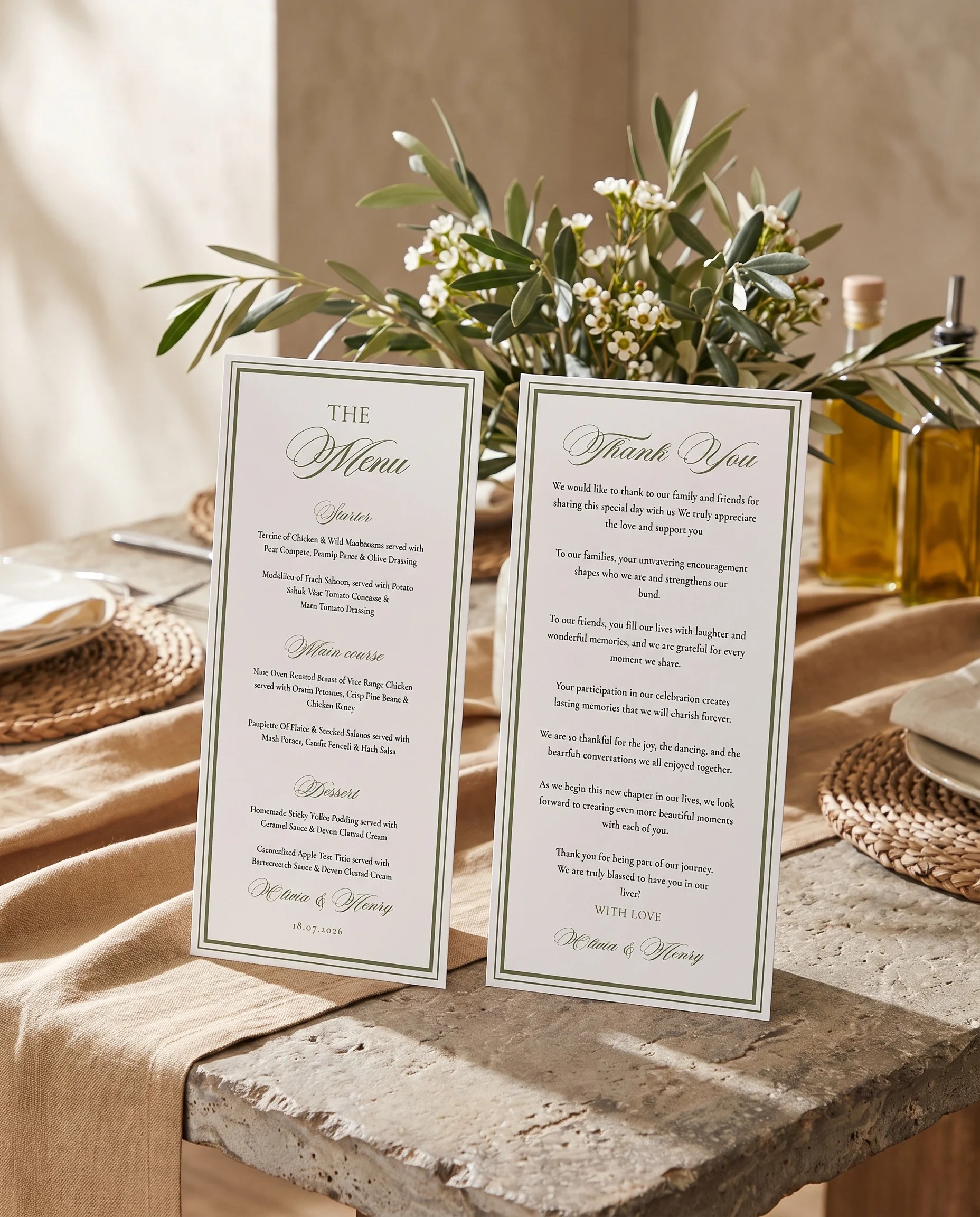 Olive Script wedding menu — two pages standing upright on a reception table under soft natural light, wedding menu template.