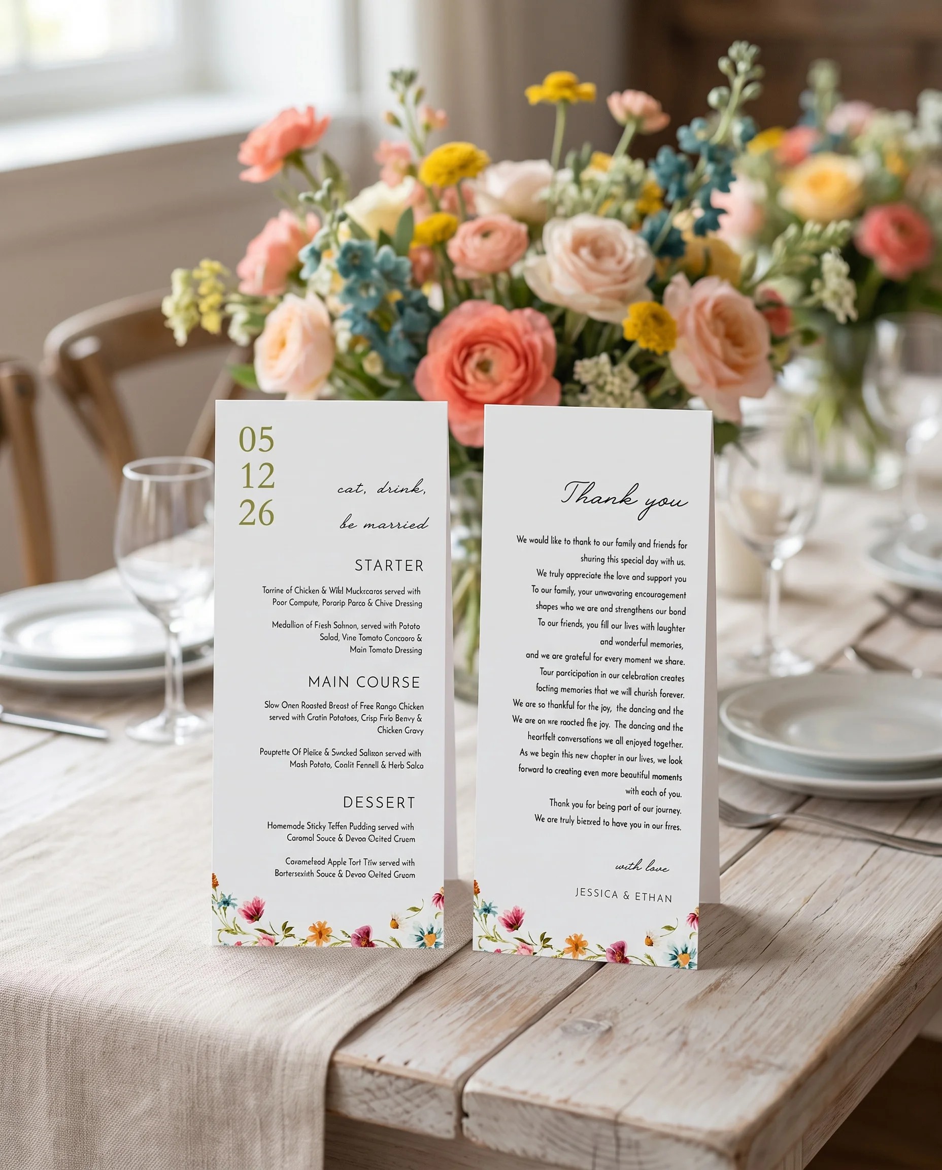 Meadow Ring wedding menu — two pages standing upright on a reception table under soft natural light, wedding menu template