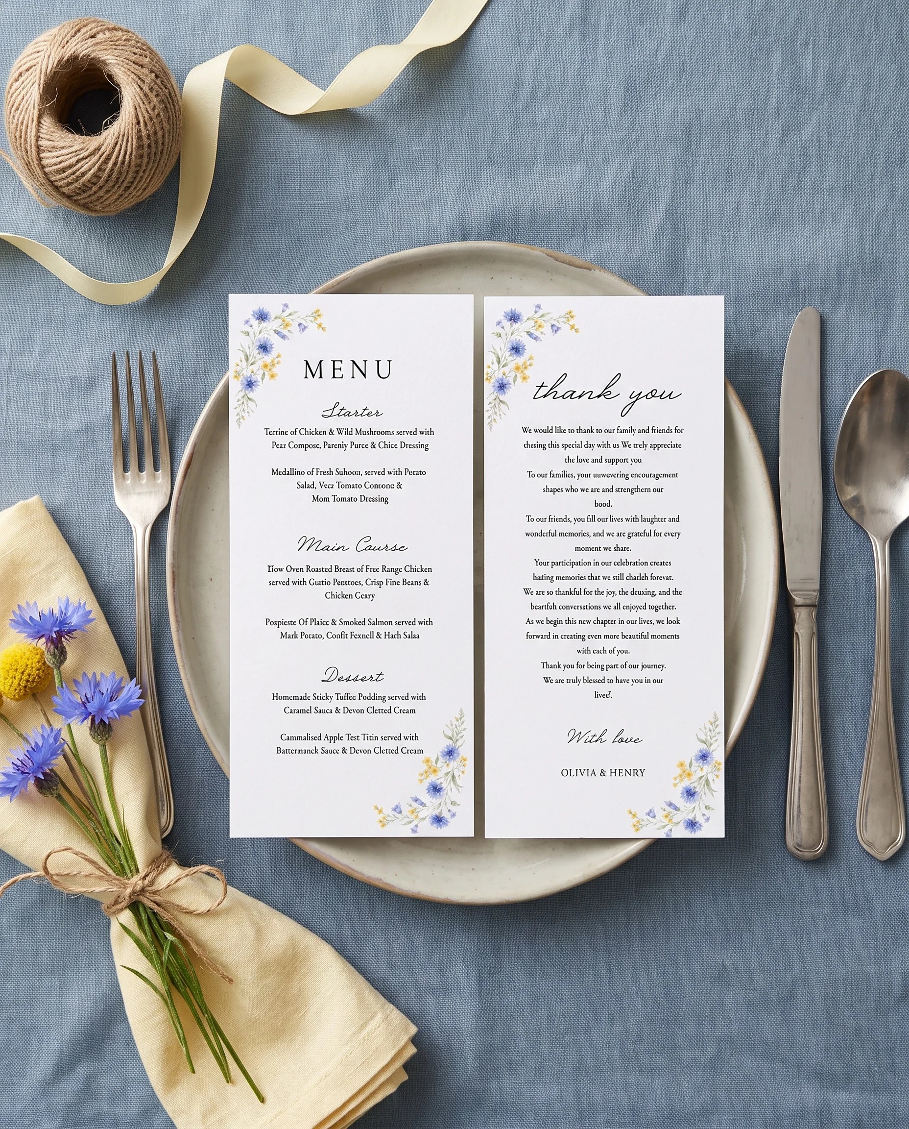 Cornflower wedding menu — menu displayed on a plate at a set place setting, softly lit from a slight overhead angle, wedding menu cards.