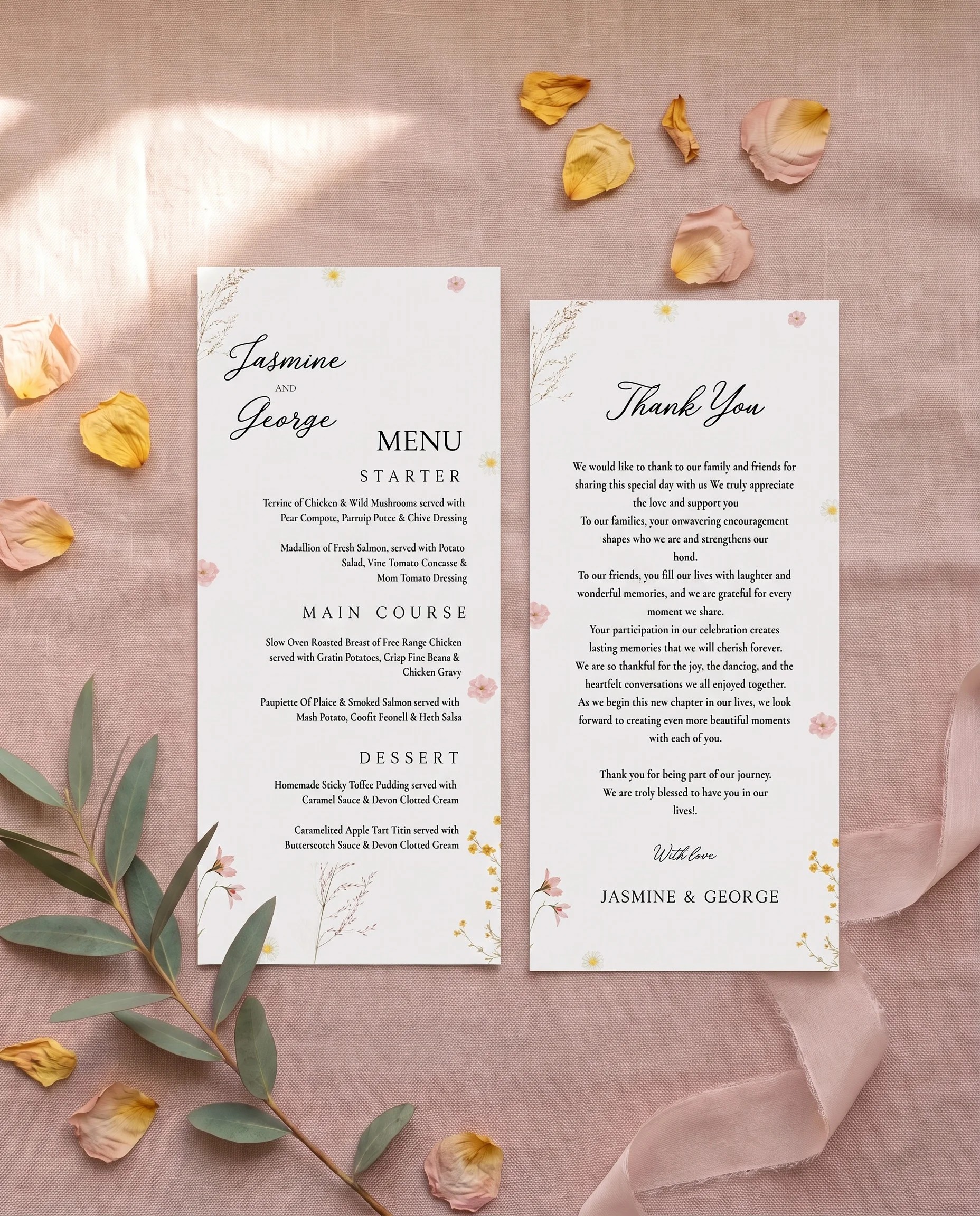 Marigold Petal wedding menu — two menu pages shown flat under soft natural light with a slight overhead angle, wedding menu.