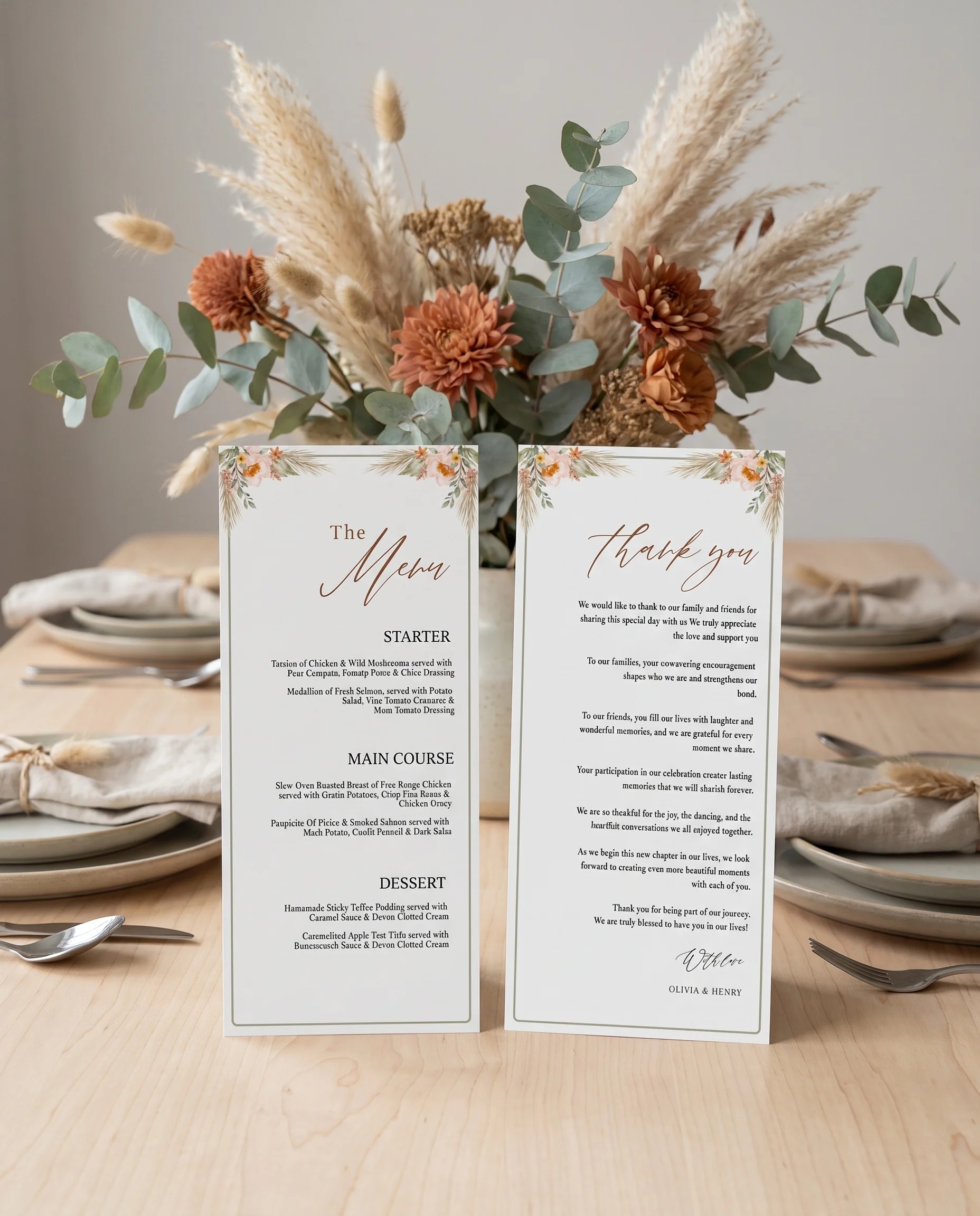 Prairie Fern wedding menu — menu and thank you card standing upright on a reception table under soft natural light, wedding menu template.