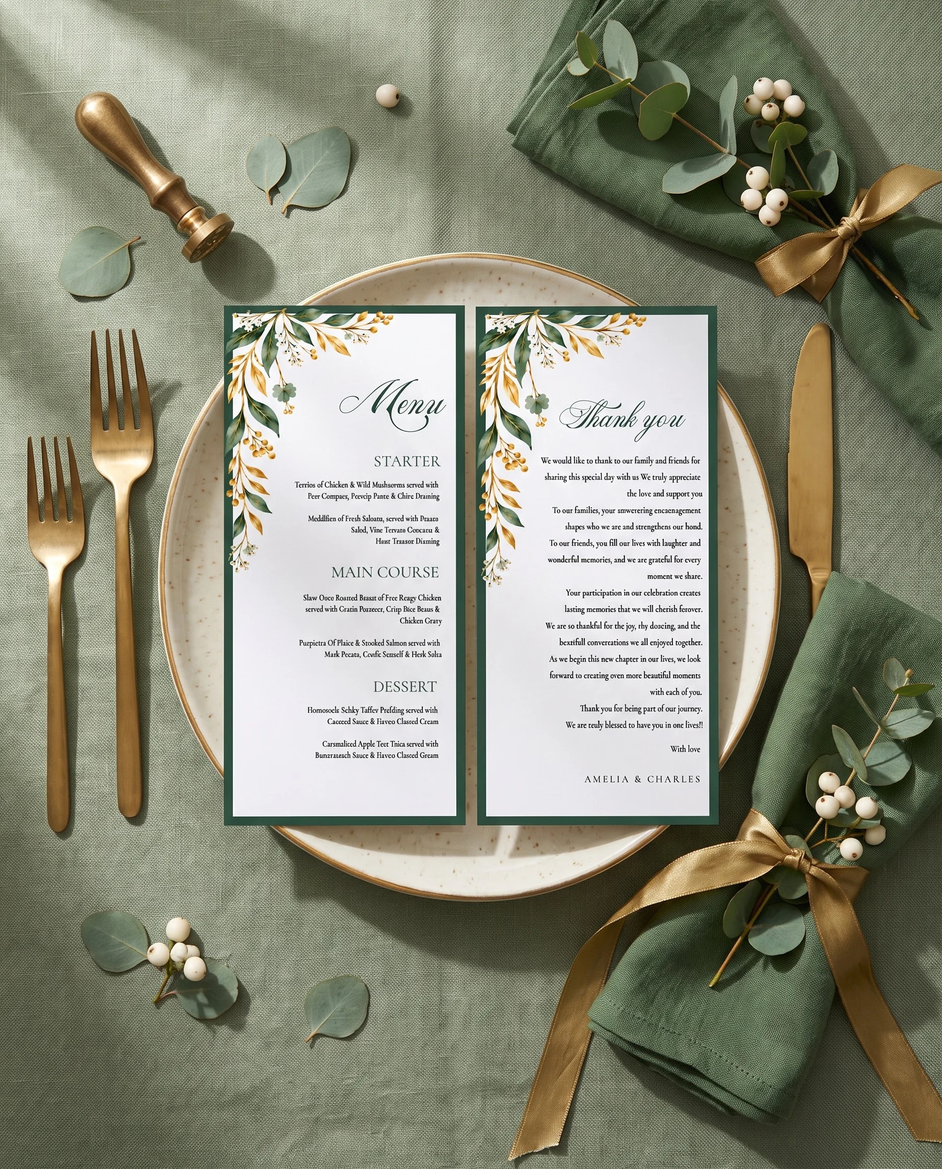 Gilded Foliage wedding menu — menu and thank you card resting on a plate at an elegant place setting, wedding menu cards.
