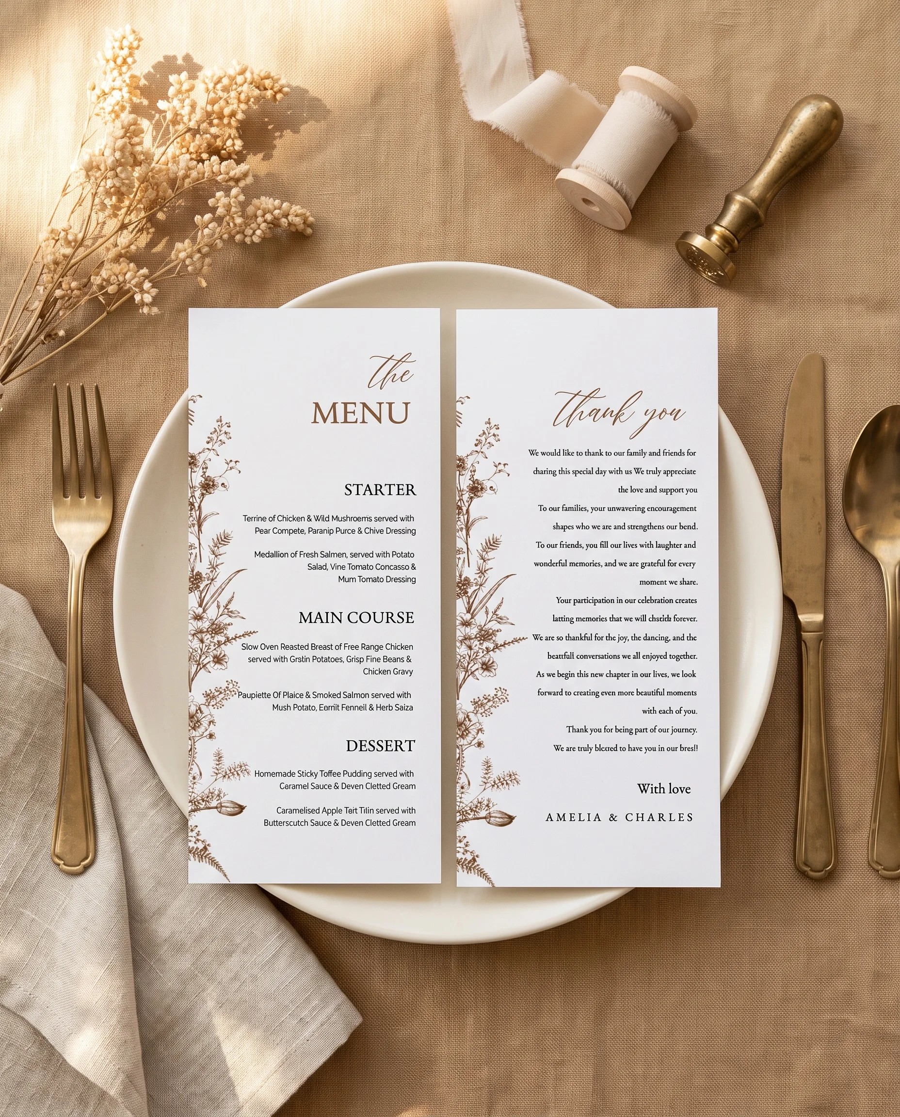 Sepia Crest wedding menu — shown on a plate at a place setting in soft natural light, wedding menu cards.
