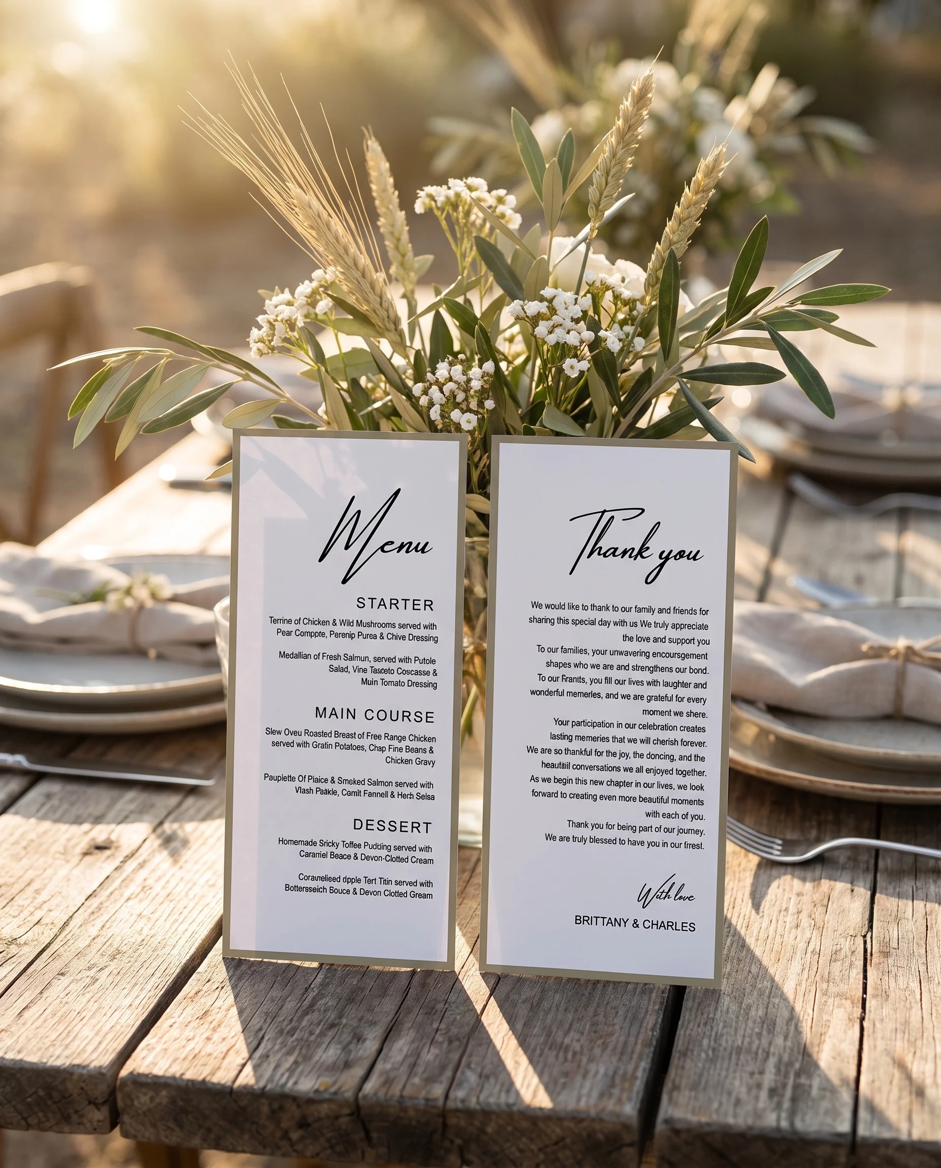 Golden Vale wedding menu — two menu pages standing upright on a reception table under soft natural light, wedding menu template