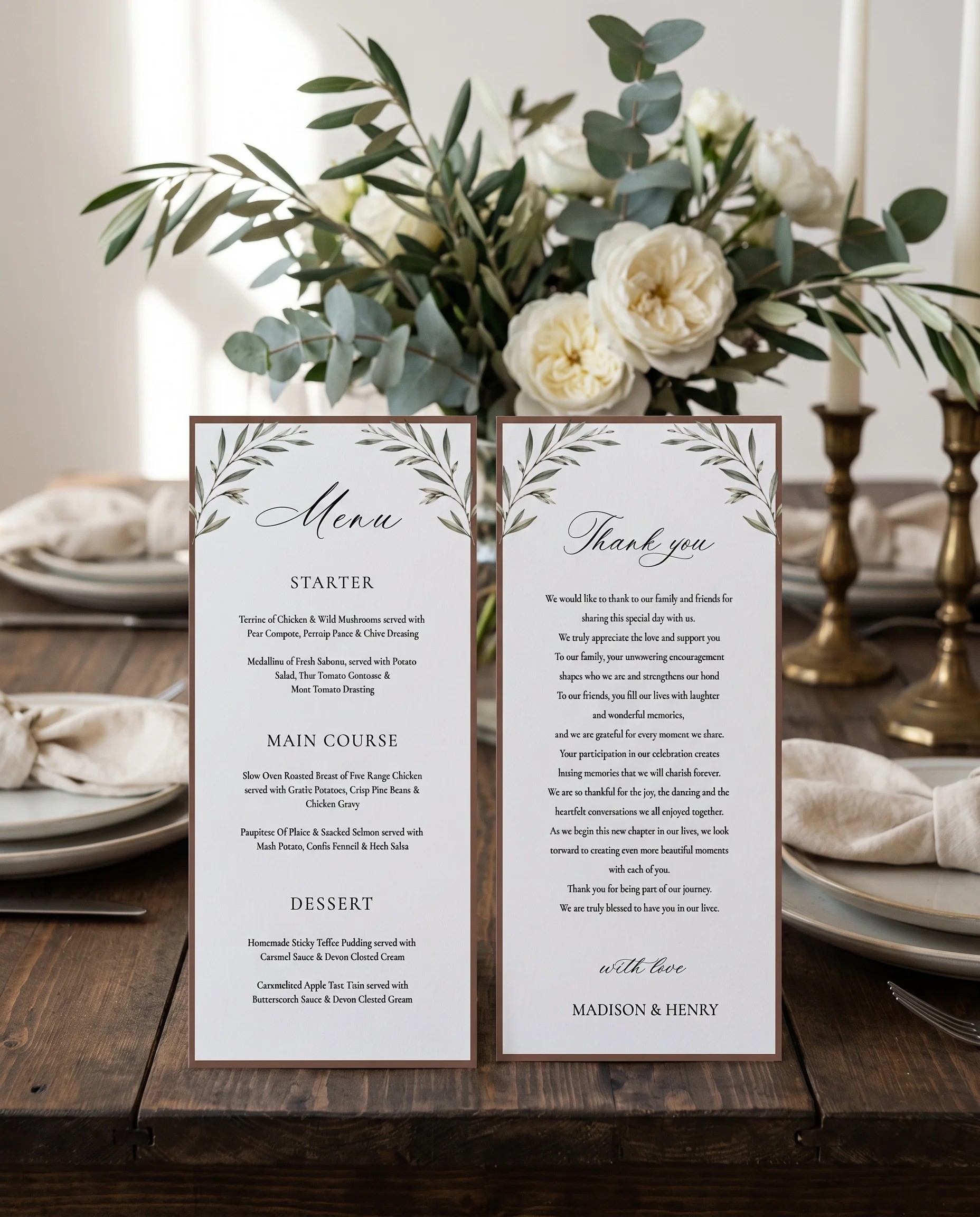 Olive Arc wedding menu — two menu pages standing upright on a reception table under soft natural light, wedding menu template.