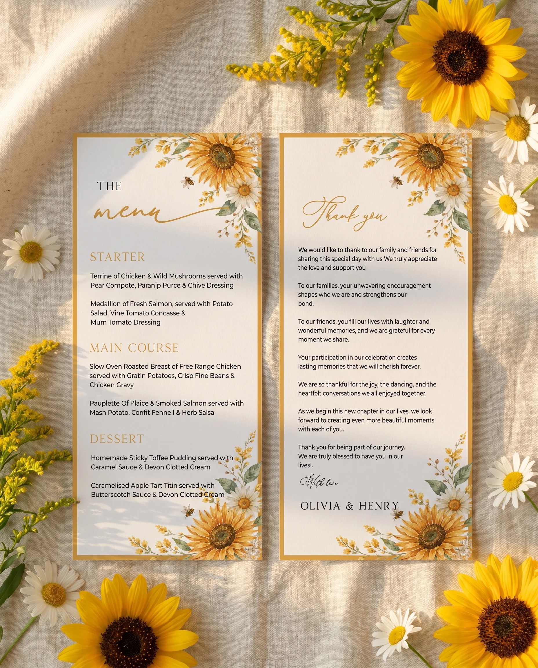 Honeyfield wedding menu — two menu pages shown flat under soft natural light with a slight overhead angle, wedding menu.