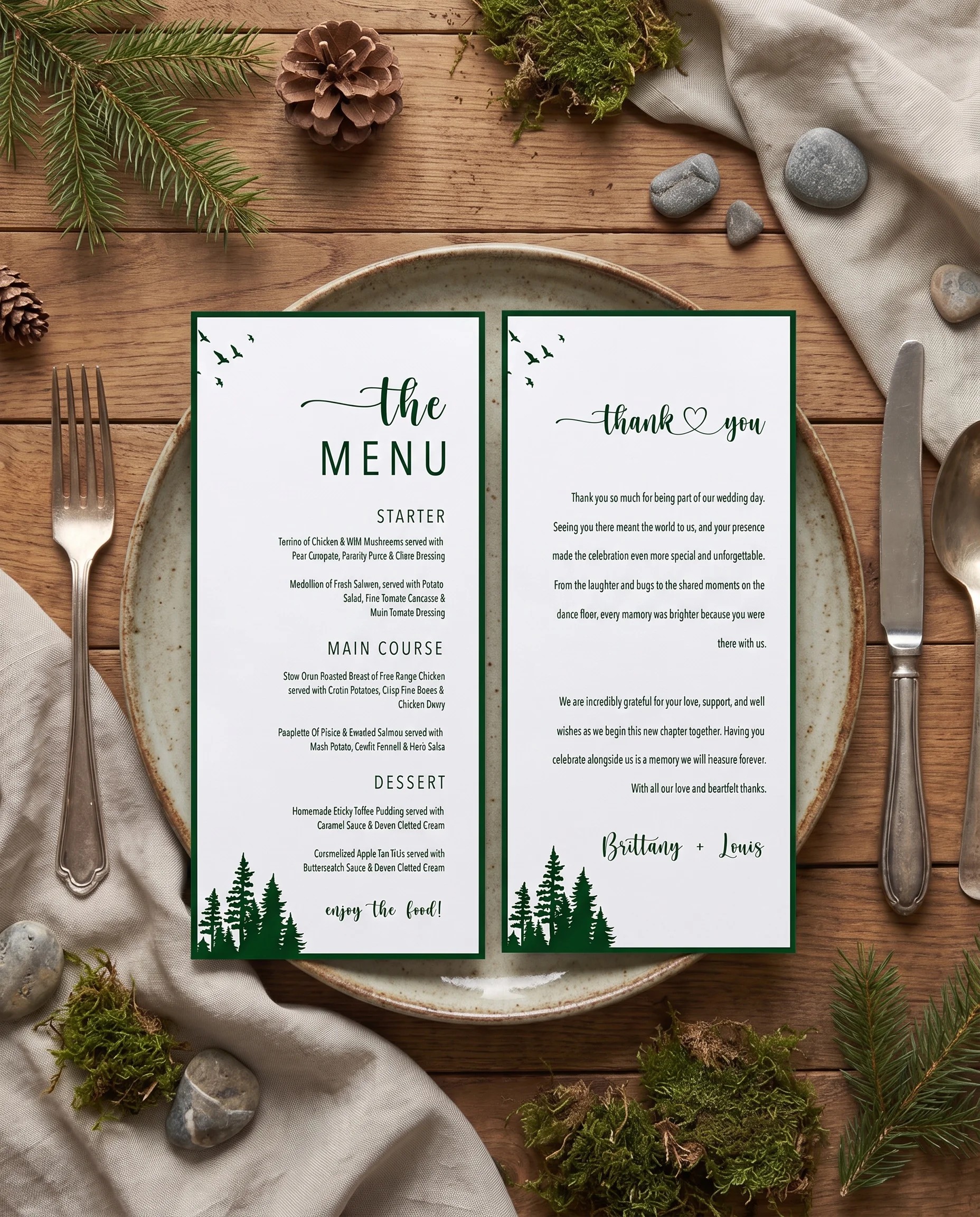 Evergreen Star wedding menu — shown on a plate at a set place setting under soft natural light, wedding menu cards.