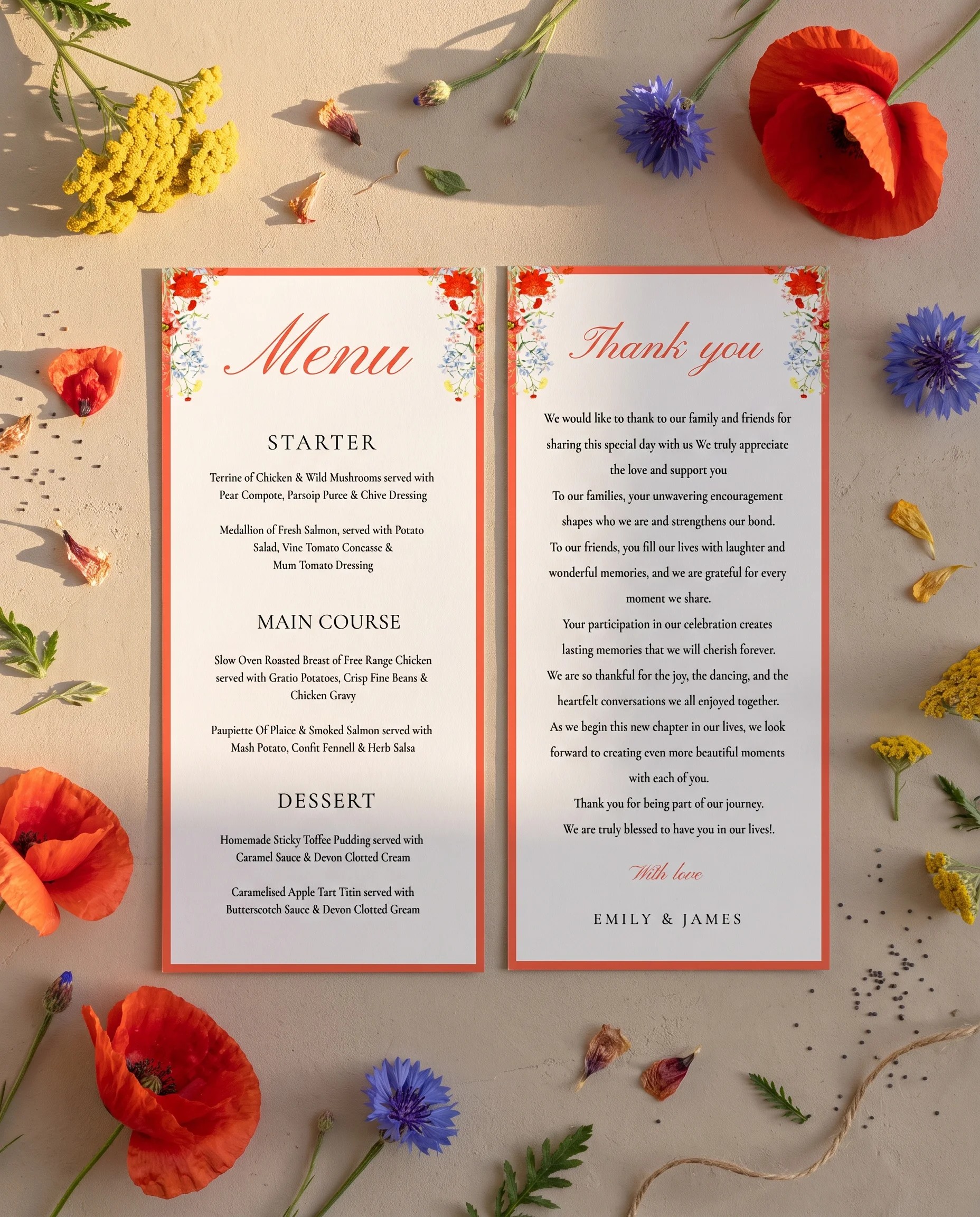 Poppy Meridian wedding menu — two pages laid flat under soft natural light with a slight overhead angle, wedding menu