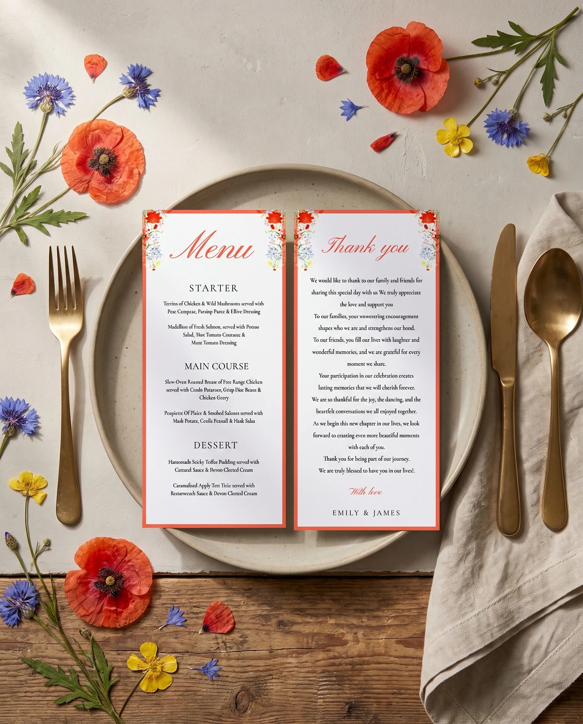Poppy Meridian wedding menu — two-page menu displayed on a plate at a set place setting under soft natural light, wedding menu cards.