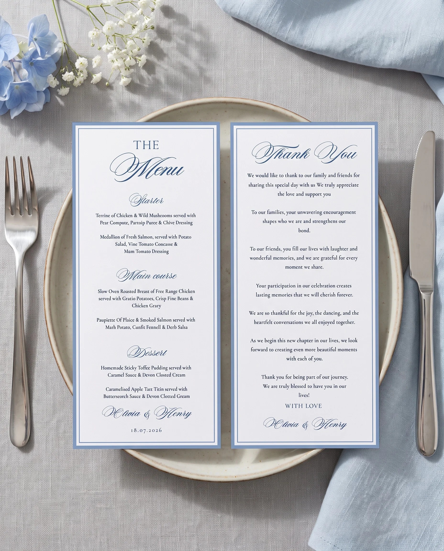 Azure Flourish wedding menu — menu and thank you card on a plate at a set place setting, wedding menu cards.