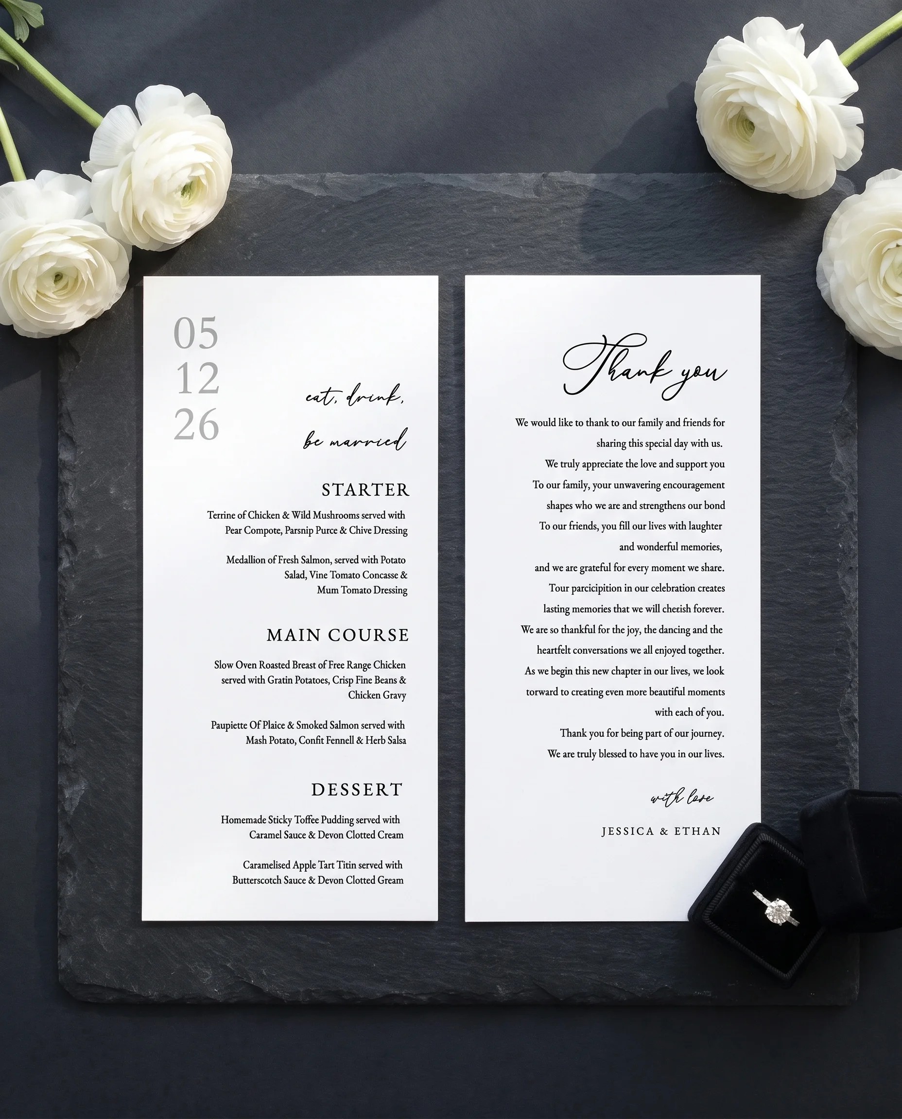 Monochrome Veil wedding menu — menu and thank you card shown flat on premium editorial paper under soft natural light, wedding menu.