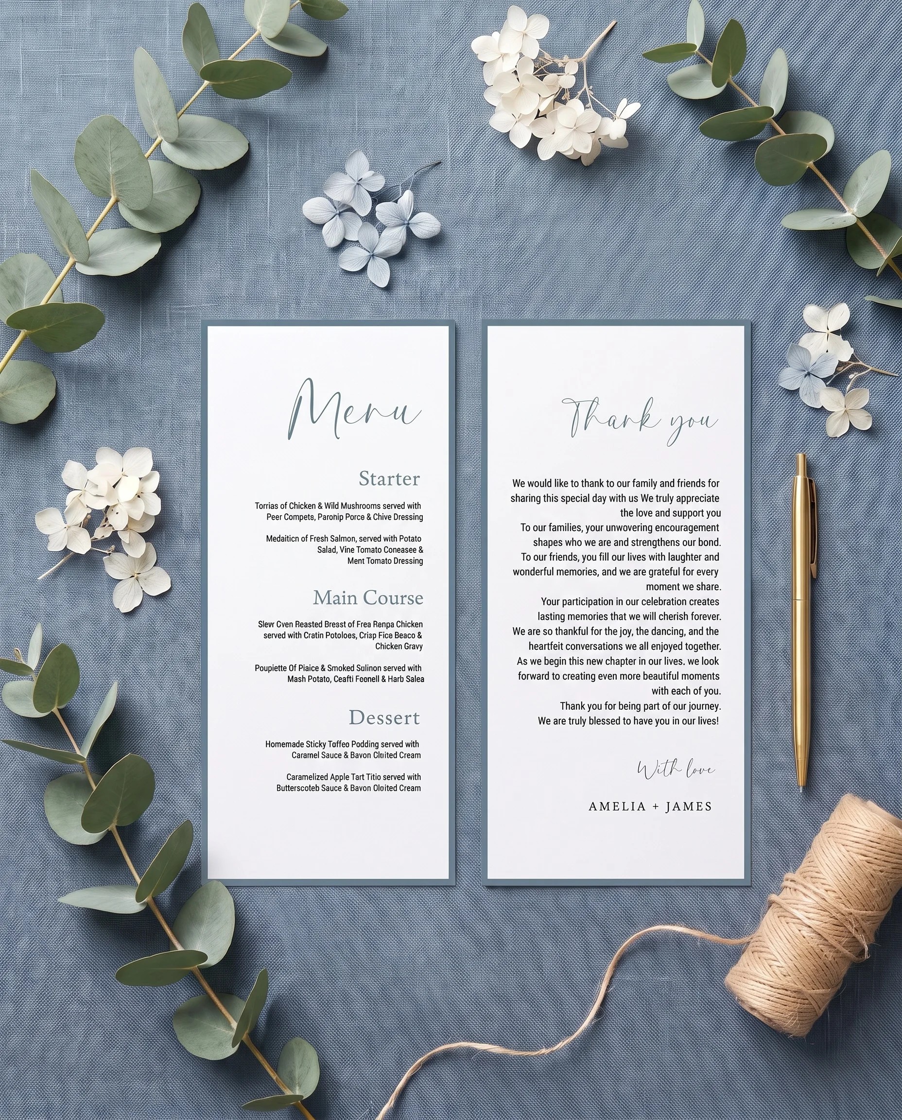 Arrow Crest wedding menu — menu and thank you card shown flat in soft natural light with a slight overhead angle, wedding menu